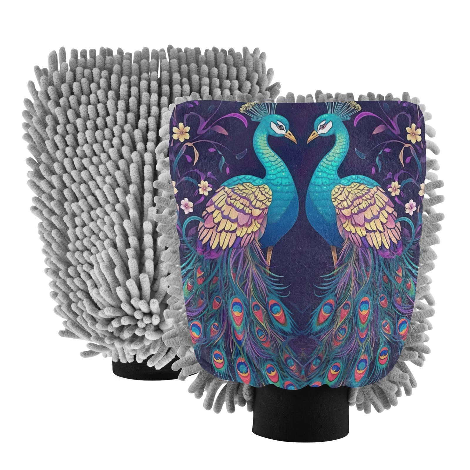 Flradish 2 Pack Beautiful Peacock Car Wash Mitt Chenille Microfiber Lint-Free Scratch Free Ultra-Soft Absorbent Car Wash Mitt 11.8x8.07 Inch