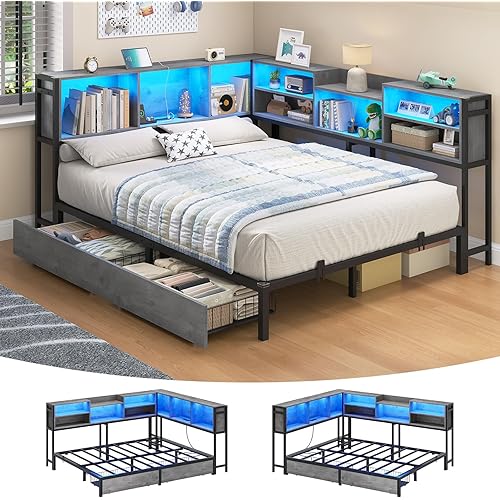Hasuit Full Corner Bed Frame with Storage Bookcase, Full Size Daybed with 2 Underneath Storage Drawers, Kids Bed Unit with Charging Station and LED Light, Modern Teenagers Bedframe, Oak Gray