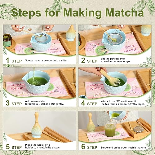 Miniatura 5 de Juego de 6 batidores de matcha que incluye batidor de matcha de resina, juego de cuencos y tamiz de cerámica, soporte para batidores, cuchara de