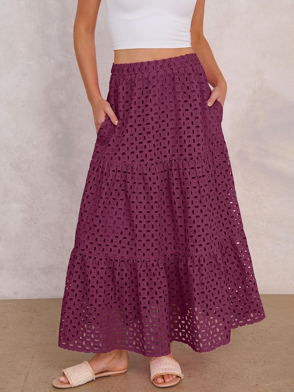 ANRABESS Maxi Skirts for Women Boho Tiered Eyelet Elastic High Waist A-Line Summer Casual Flowy Beach Vacation Long Skirt - Image 2