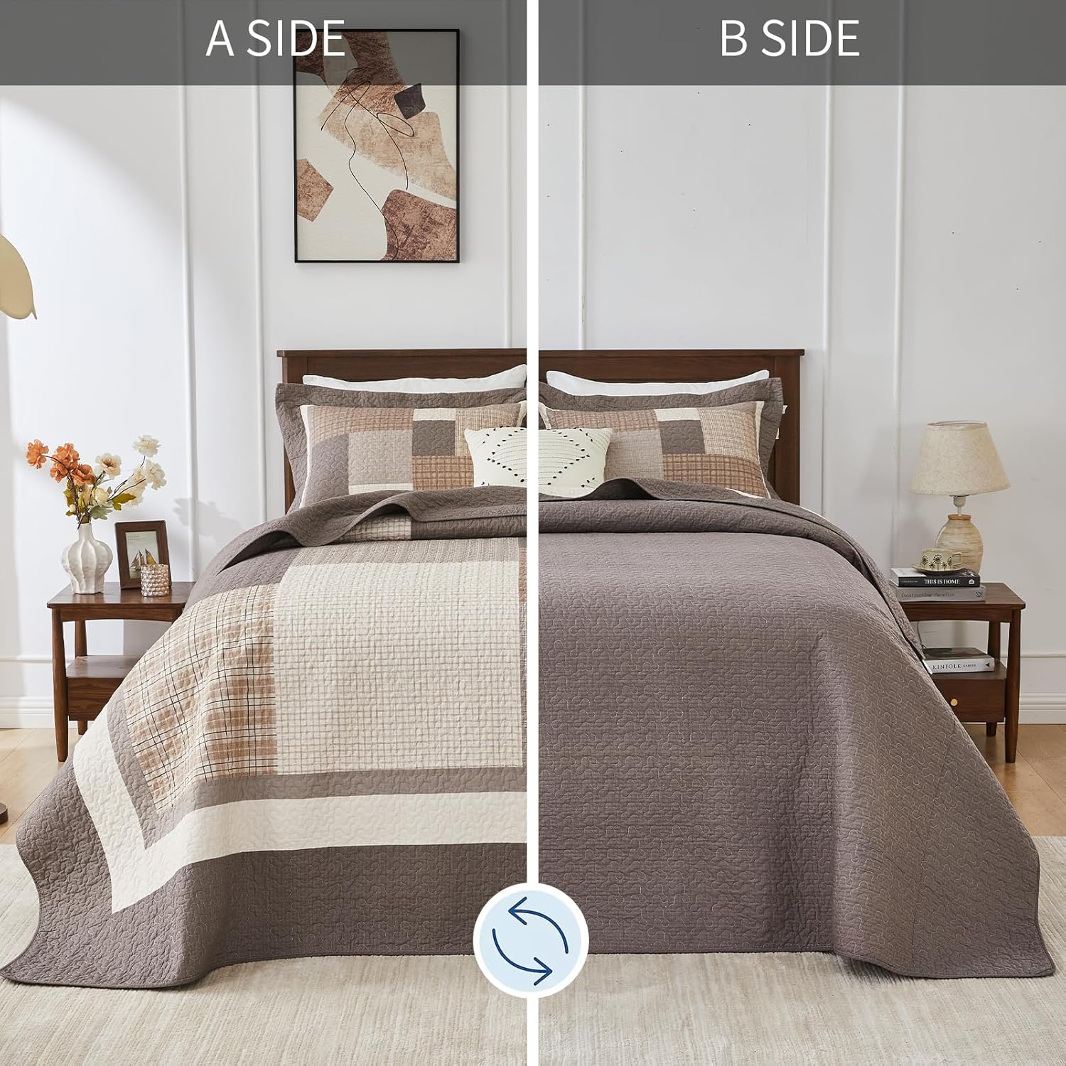 DDUOXIN 100% Cotton Queen Bedspread 102" W x120 L - Lightweight Oversized Quilt with 2 Pillow Shams, Farmhouse Plaid Reversible Bedspreads, Brown/Beige - Image 8