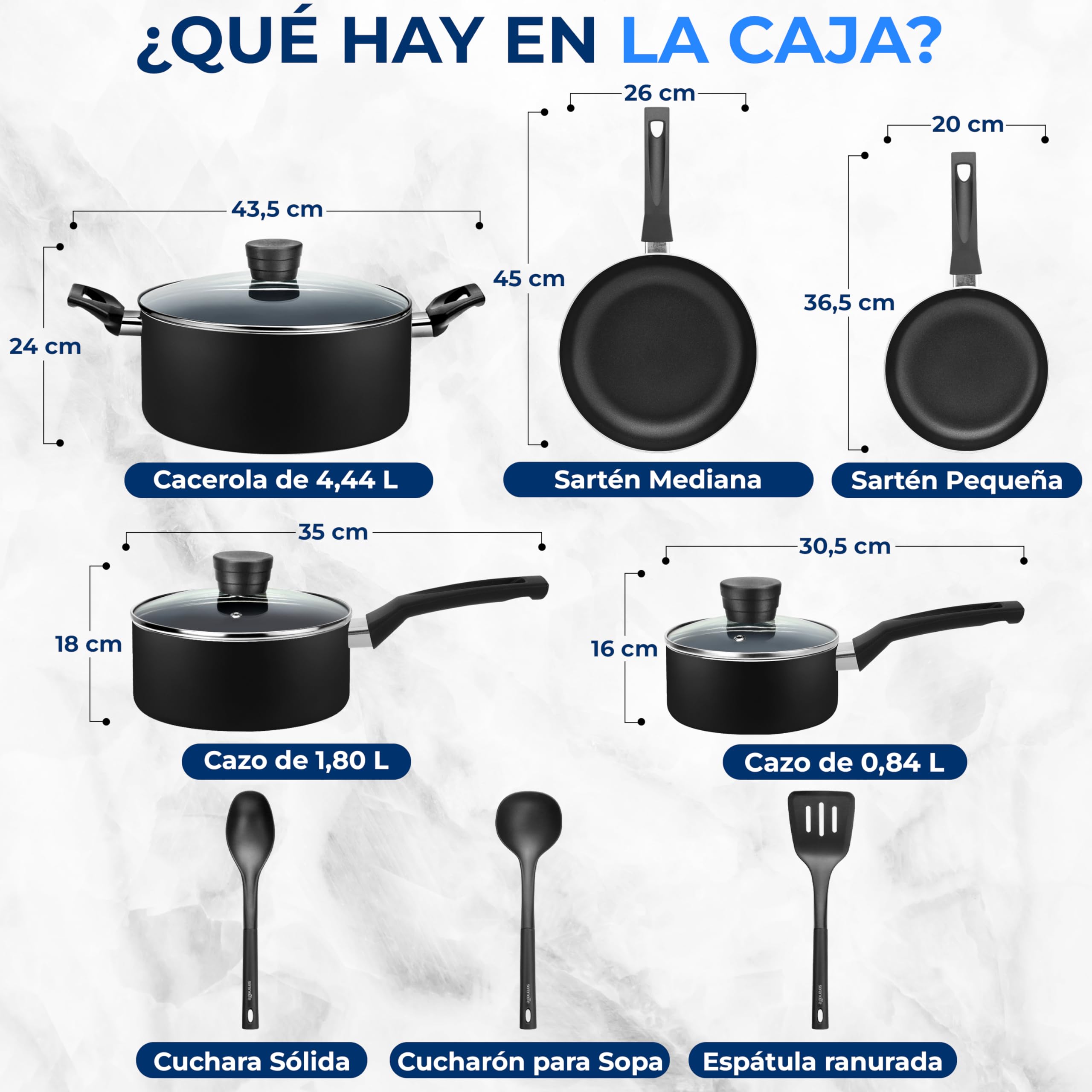 SereneLife juego de cocina de 11 piezas, Ollas y sartenes, Recubrimiento antiadherente negro en el interior, Lacado resistente al calor