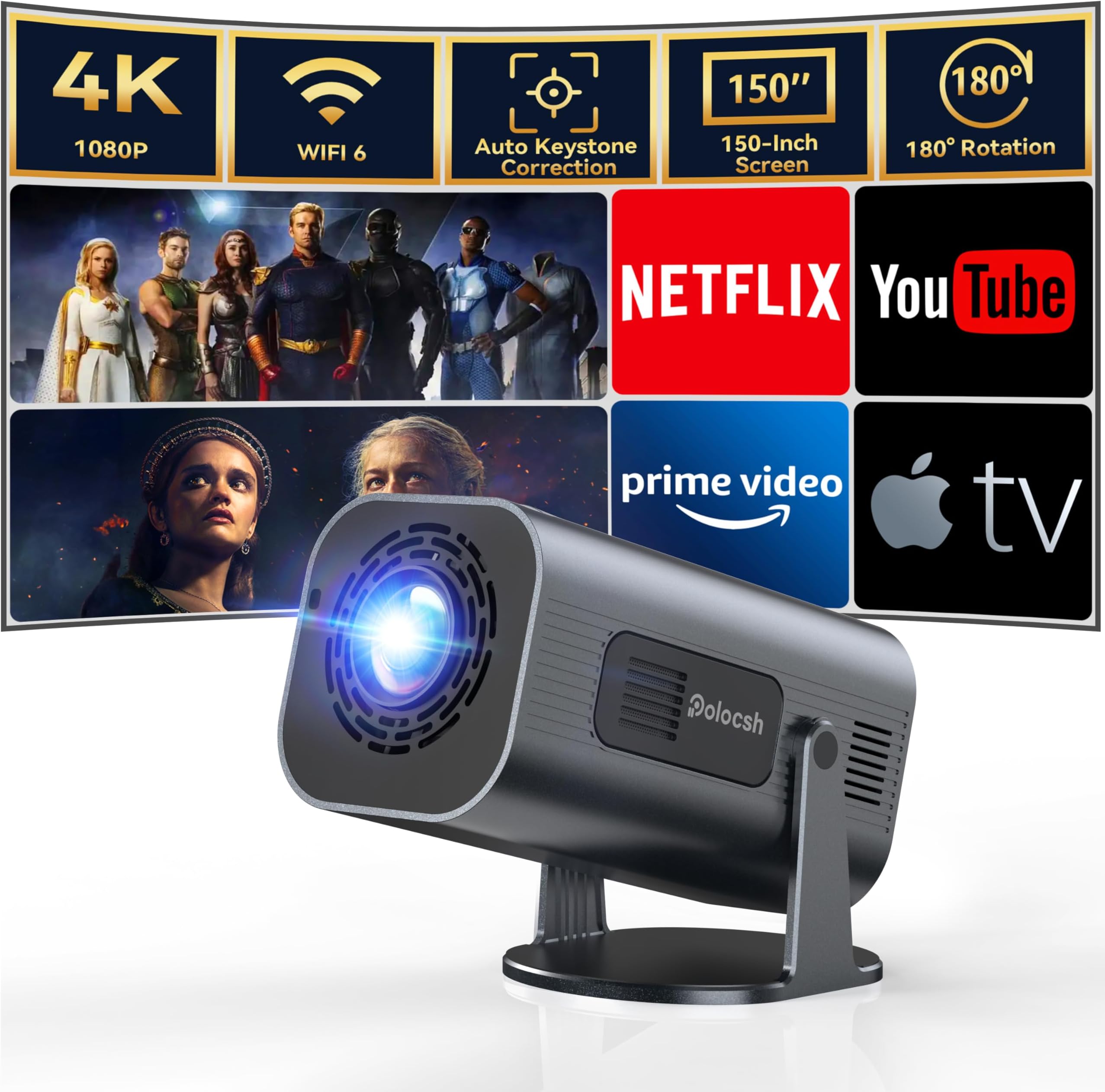 Polocsh Mini Portable Projector with Android TV 11,Native 1080P Auto Keystone & 180° Rotation,4K Support WiFi6 BT5.2 Built-in Speaker Smart Outdoor Movie Projector for Home Cinema/iOS/Android/HDMI/USB