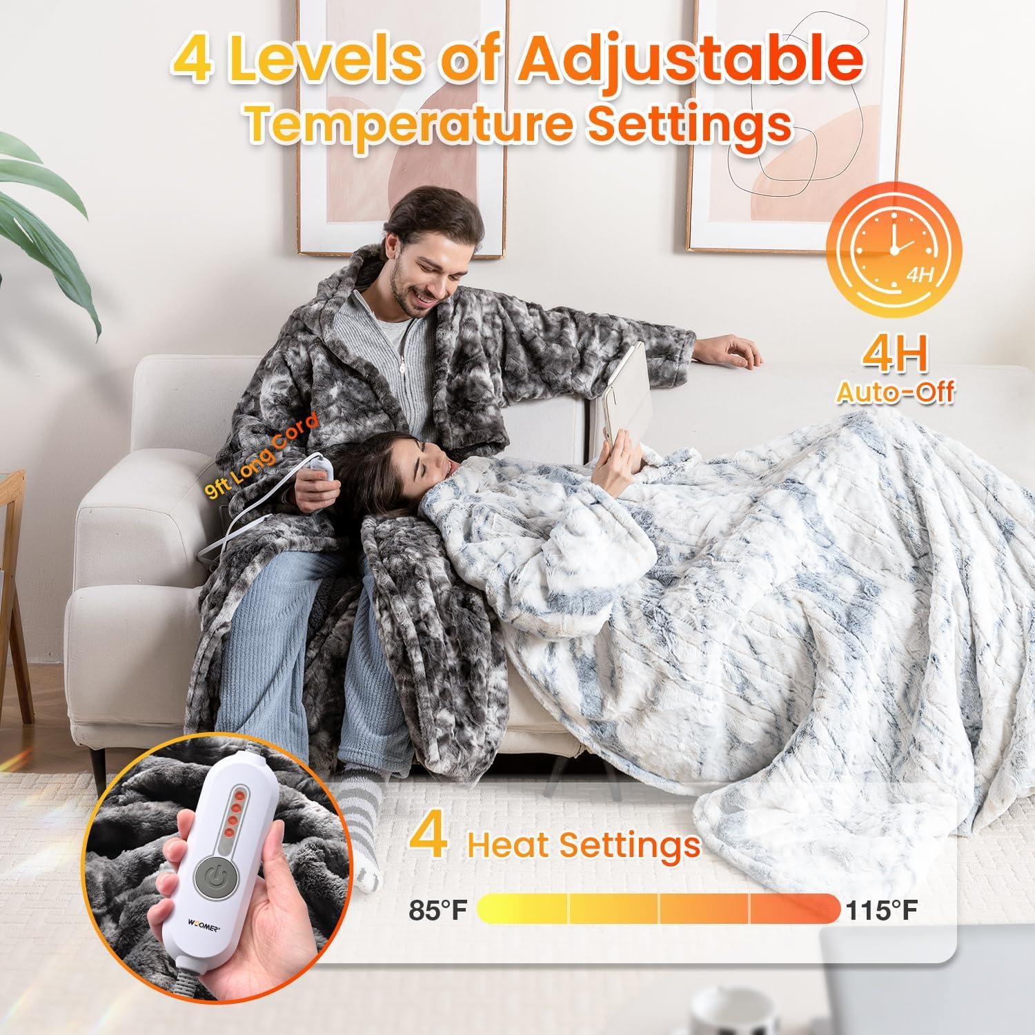 WOOMER Wearable Heated Blanket 50”×70“, Soft Faux Fur & Cozy Sherpa Heated Snuggle with Foot Pockets and Sleeves, 4 Heating Levels & 4H Auto Off, ETL Certified, Machine Washable - Image 2