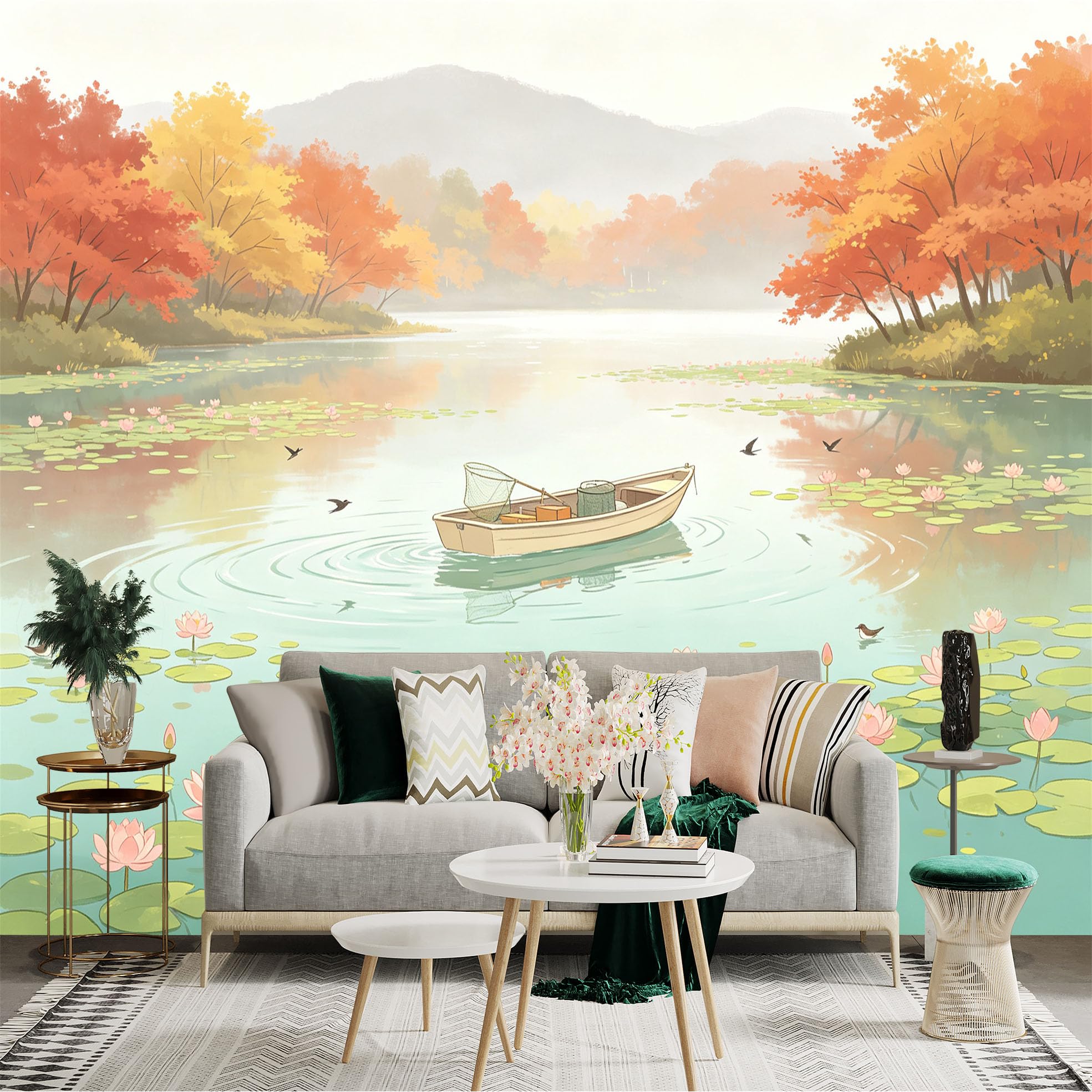 Custom Size Wall Sticker Mural， Autumn Lake Landscape， Fishing Boat on Water， Floating Lotus Flowers， Peaceful Morning Scenery， for wall Decoration， peelandstick wall Decals.