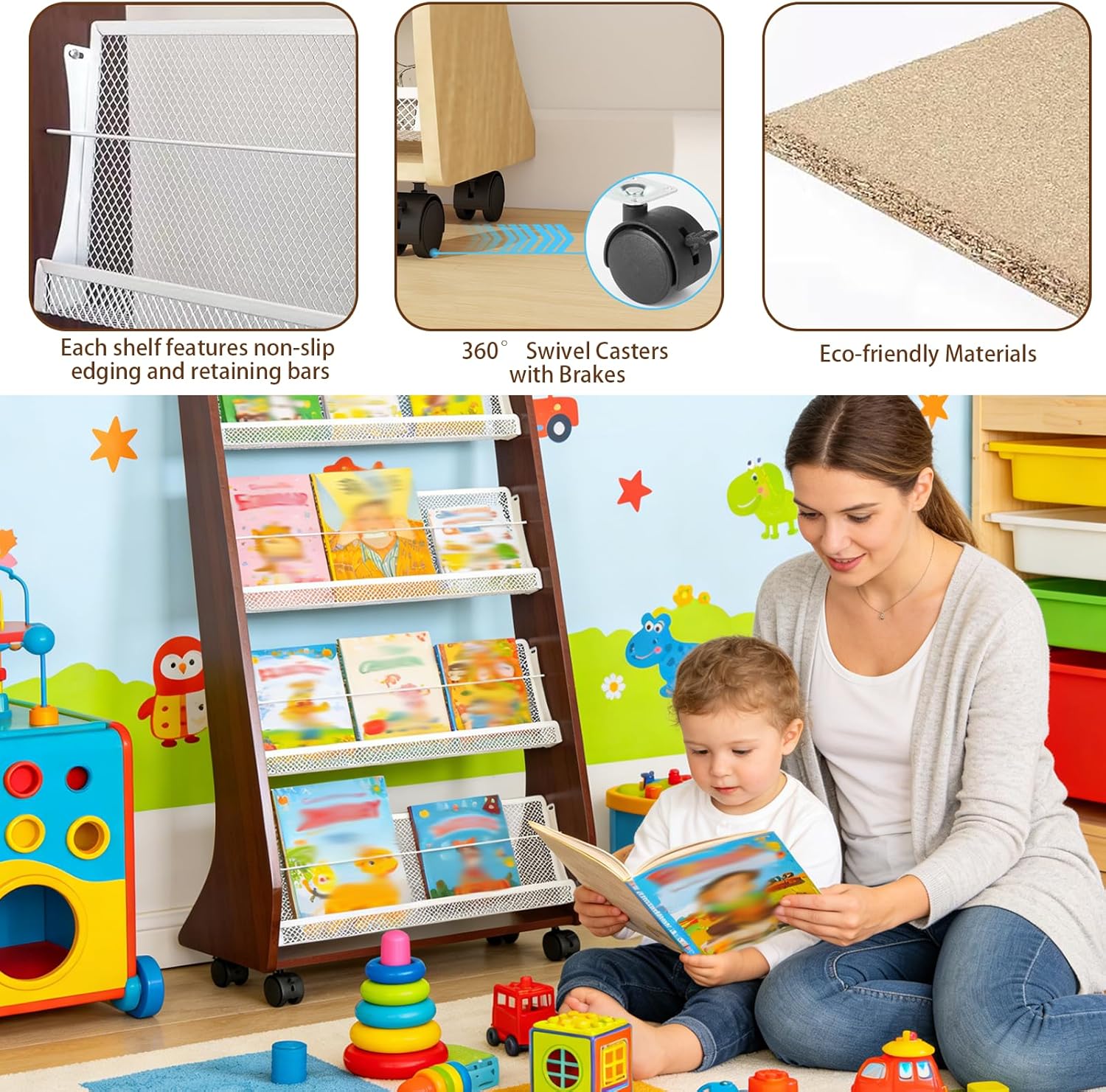 Brochure Display Rack 4 Tier Magazine Rack with Wheels Wooden Newspaper Stand and Literature Holder Ideal for Trade Shows Offices Lobbies and Schools Style 3