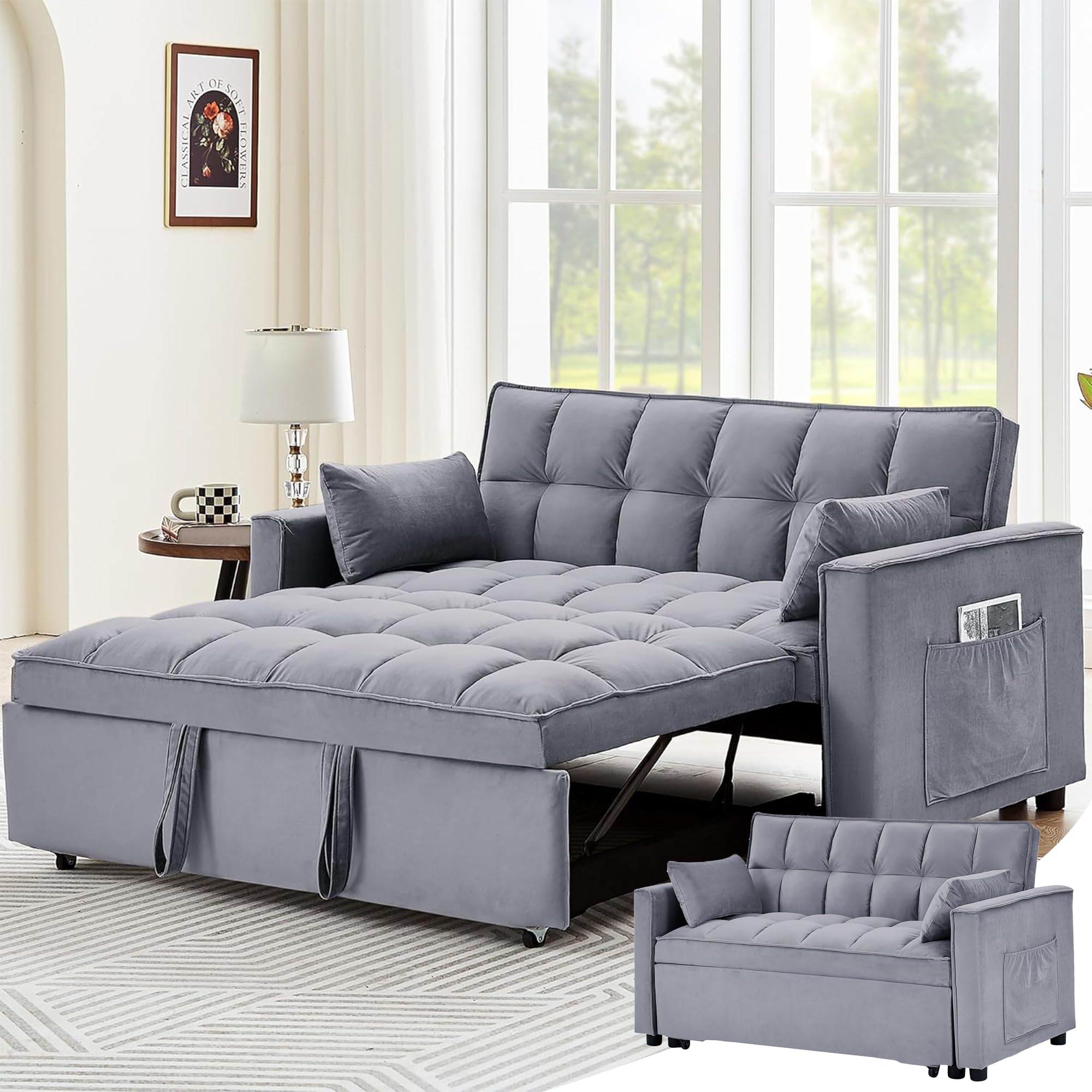 Convertible 3 in 1 Sofa Beds, 55" Modern Loveseat Sleeper Office Couch with Pull Out Bed, Dark Grey Velvet Futon Sofa Bed for Small Spaces Living Room Bedroom