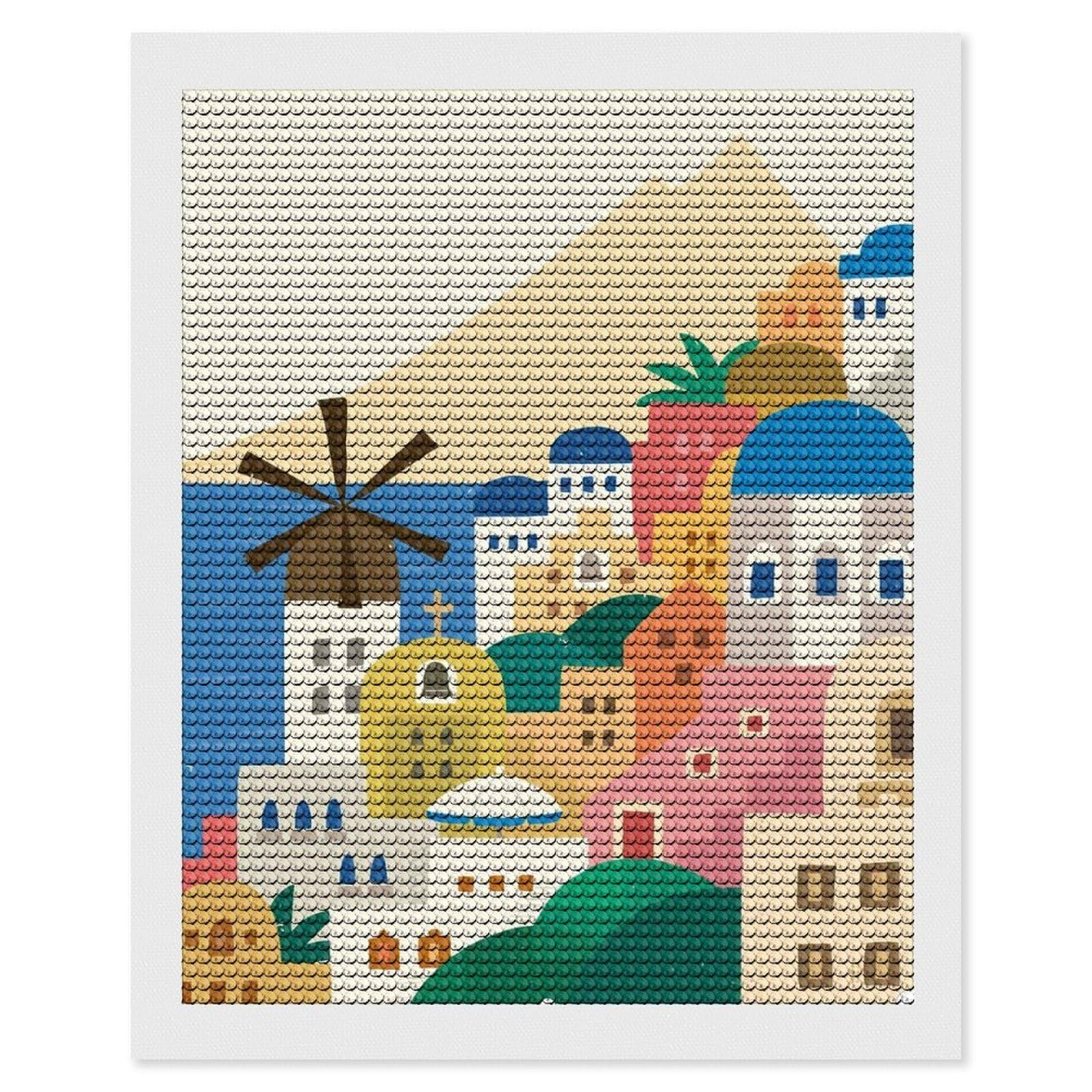 Junmoney Greek Island Village DIY Diamond Art Canvas Kit 16"x20", Complete Accessories, Creative Leisure Activity, Home Wall Decor, Gift Idea