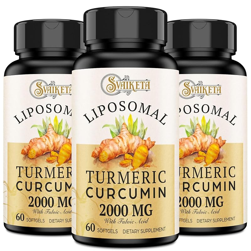Svaiketa Suplemento articular de curcumina lipossomal com 2.000 mg, 95% de curcuminoides e extrato de pimenta-preta, 180 cápsulas
