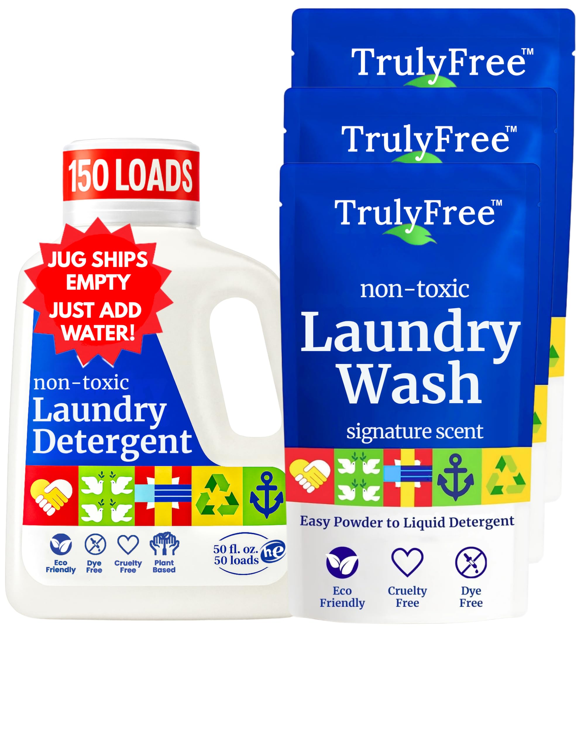 Truly Free Laundry Wash Detergent for Sensitive Skin, Gentle & Safe for Baby Clothes | Plant-Based, Natural Ingredients | Unscented | Include 1 Refillable Bottle (150 Loads)