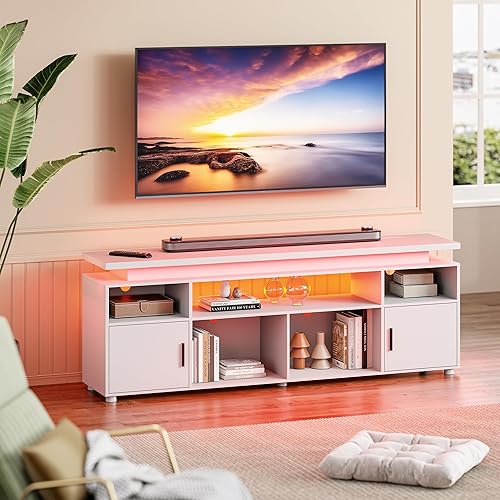 Miniatura 8 de SUNCOZE Soporte de TV, centro de entretenimiento con luces LED y gabinete para 70/75/80 pulgadas, consola de TV moderna, soportes de televisión