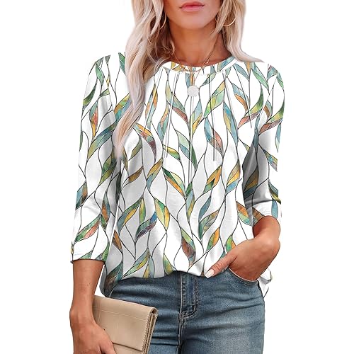 XIEERDUO 3/4 Length Sleeve Womens Tops Round Neck Casual Tunic Tops Basic Pleated Shirts Loose Fit 2025