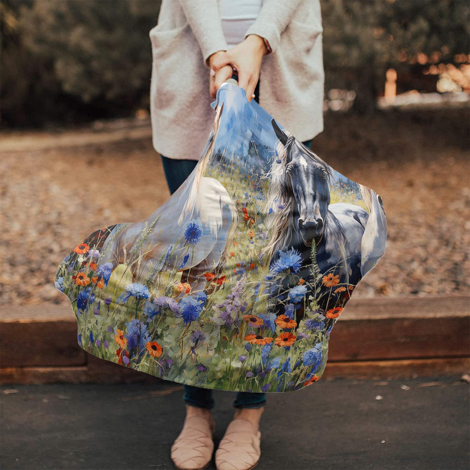 Nursing Cover for Breastfeeding Scarf, Black White Horse Floral Animals Oil Painting Baby Car Covers Super Soft Multi Use for Canopy Shopping Cart Cover Blanket Stroller Cover