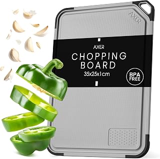 Axer Schneidebrett Kunststoff Groß BPA Frei - Universalgröße 35x25 cm Küchenbrett Spülmaschinenfest - Schneidbrett mit Saftrille Standfüßen Griff und Reibe - Cutting Board - Hellgrau