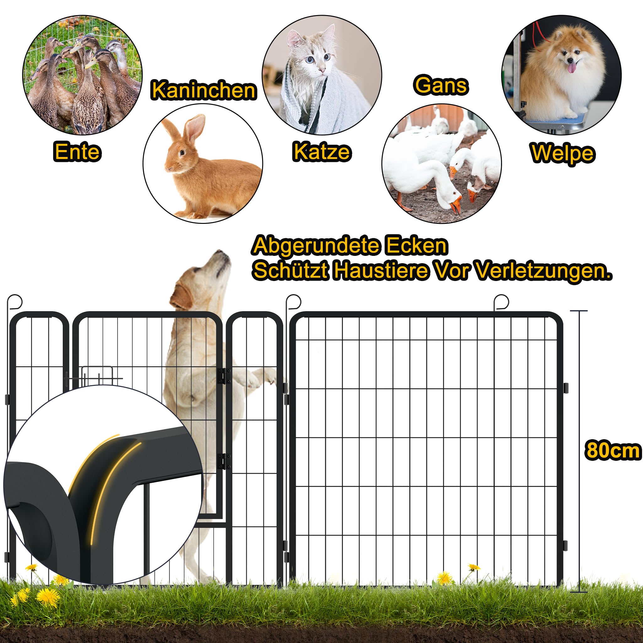 Aufun 6-Gitter Freilaufgehege Welpenauslauf faltbares Tierlaufstall, Automatische Verriegelung, Laufgitter Welpenfreigehege Hundegehege mit Tür für Hunde, Kaninchen, Kleintiere, Katze, je 80x80cm