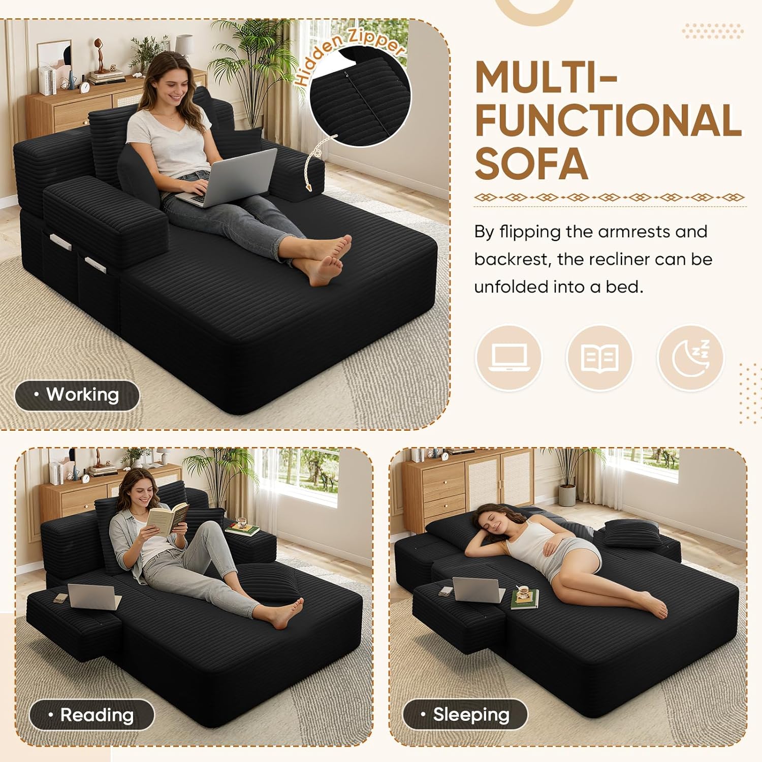 60.2"D Oversized Chaise Lounge Chair Indoor, 2-in-1 Corduroy Comfy Boneless Sofa Chair with Flipable Armrest & Backrest & Side Pocket, Cloud Sleeper Sofa Couch Bed for Living Room, Bedroom(Black)