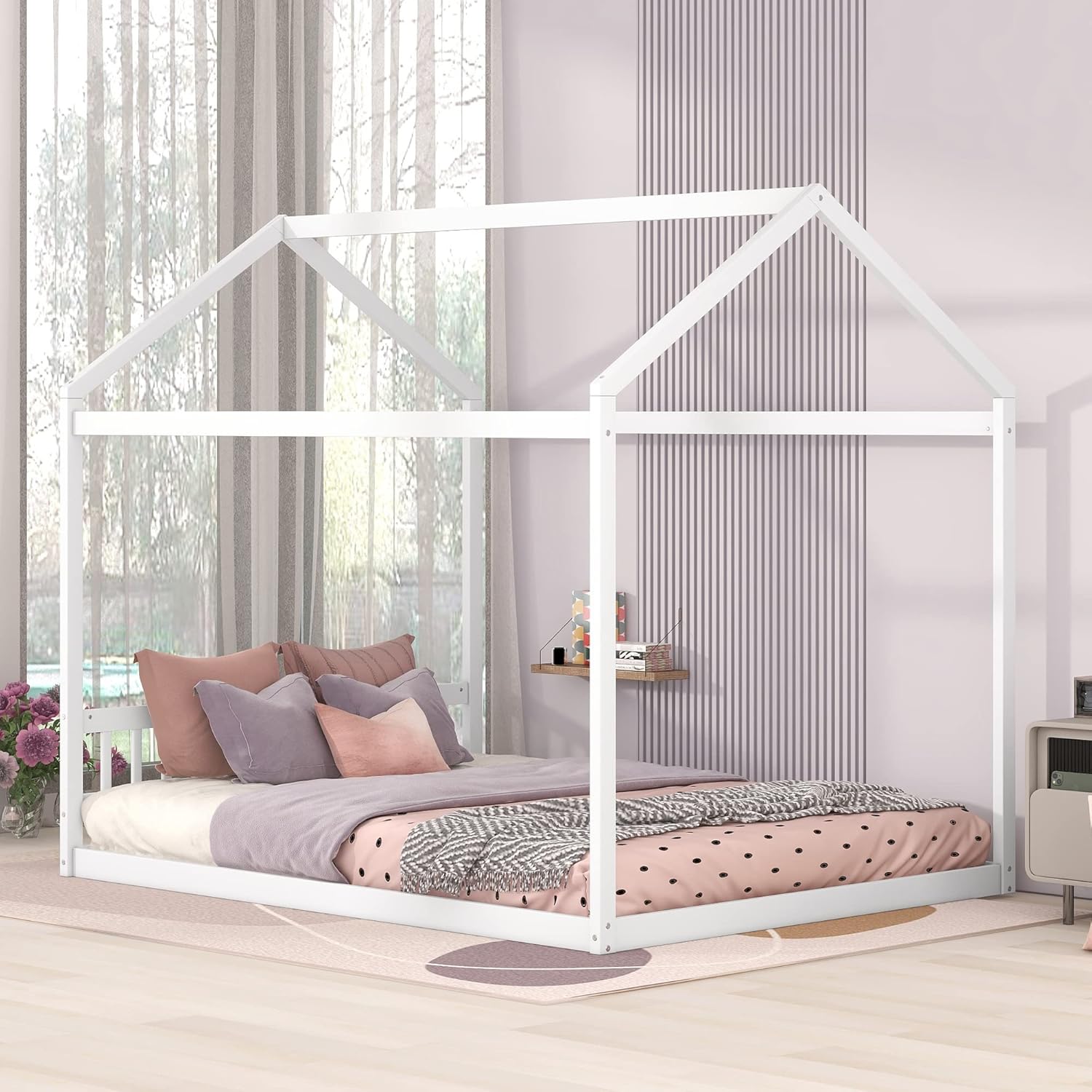 Queen Size White House Bed,Montessori Floor Bed with Headboard and Roof,Solid Wood Queen Low Platform Bed Frame with Wood Slat Support for Toddlers Kids Girls Boys Bedroom,No Box Spring Needed