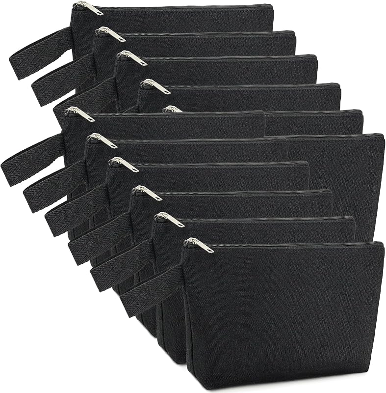 Zpecox Pacote com 12 necessaires de lona preta com zíper, alça e base plana, tamanho S, 22,86 x 11,94 x 3,81 cm