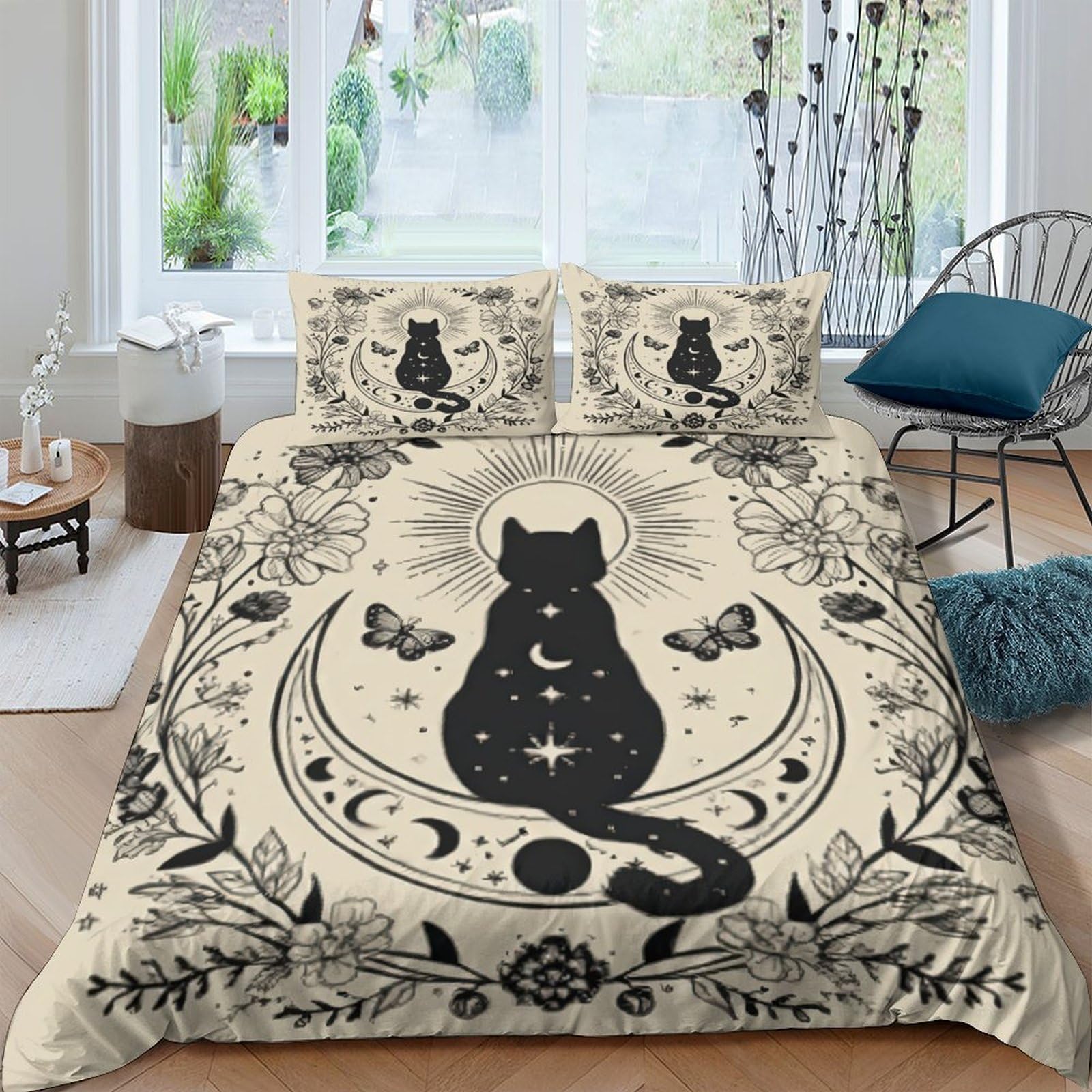 Ctjqhvkz Style-4 3D Printed Mystic Cat Fitted Sheet Microfiber Soft Breathable Moon Pattern Bed Cover Bedroom Decor Mattress Protector Single（135X200cm）