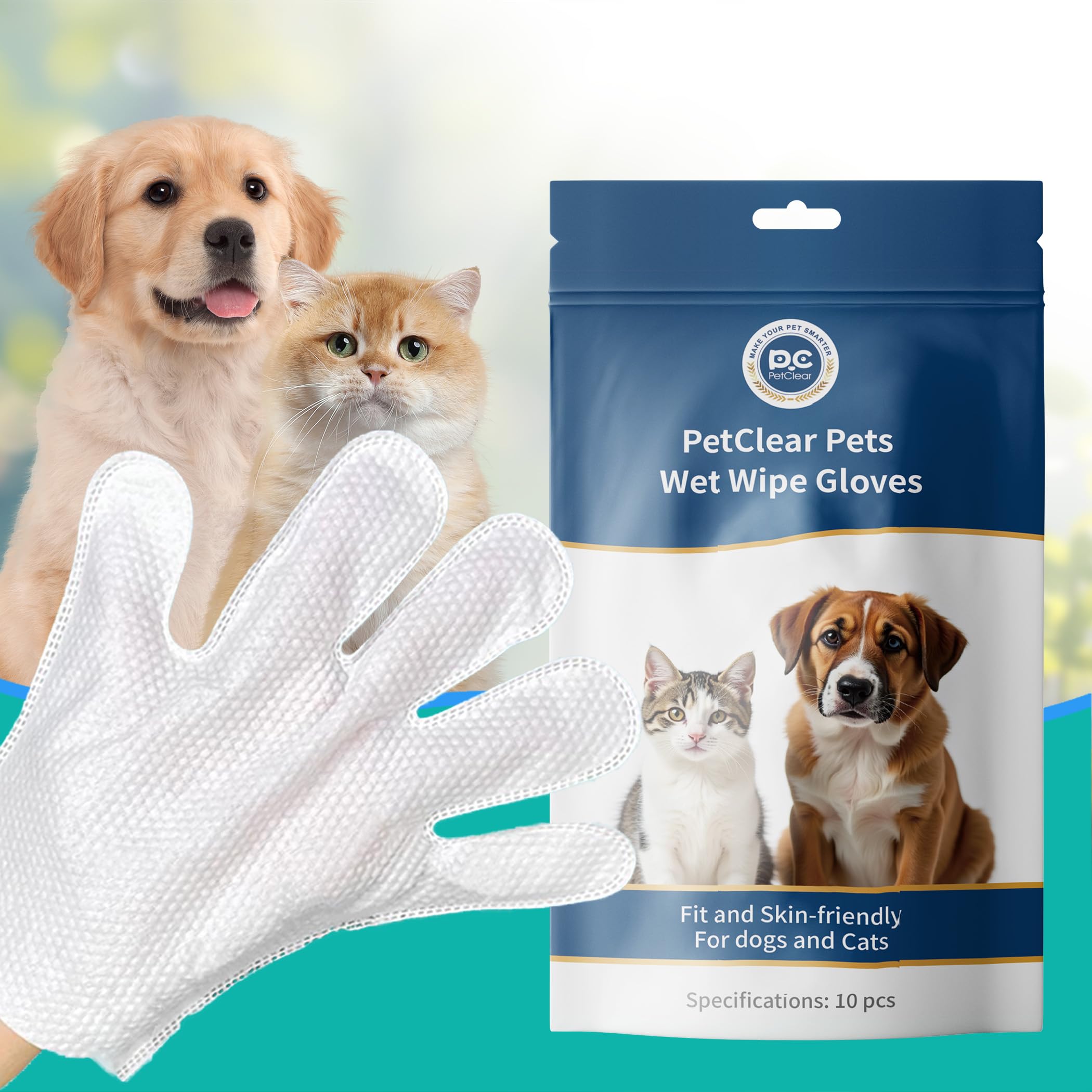 PCpetclear Pflegetücher für Hunde & Katze Reinigung und Desodorierung hypoallergener Dicker Tücher, ohne Duft Einweg-Reinigungshandschuhe für Haustiere (10-Stück/Packung)