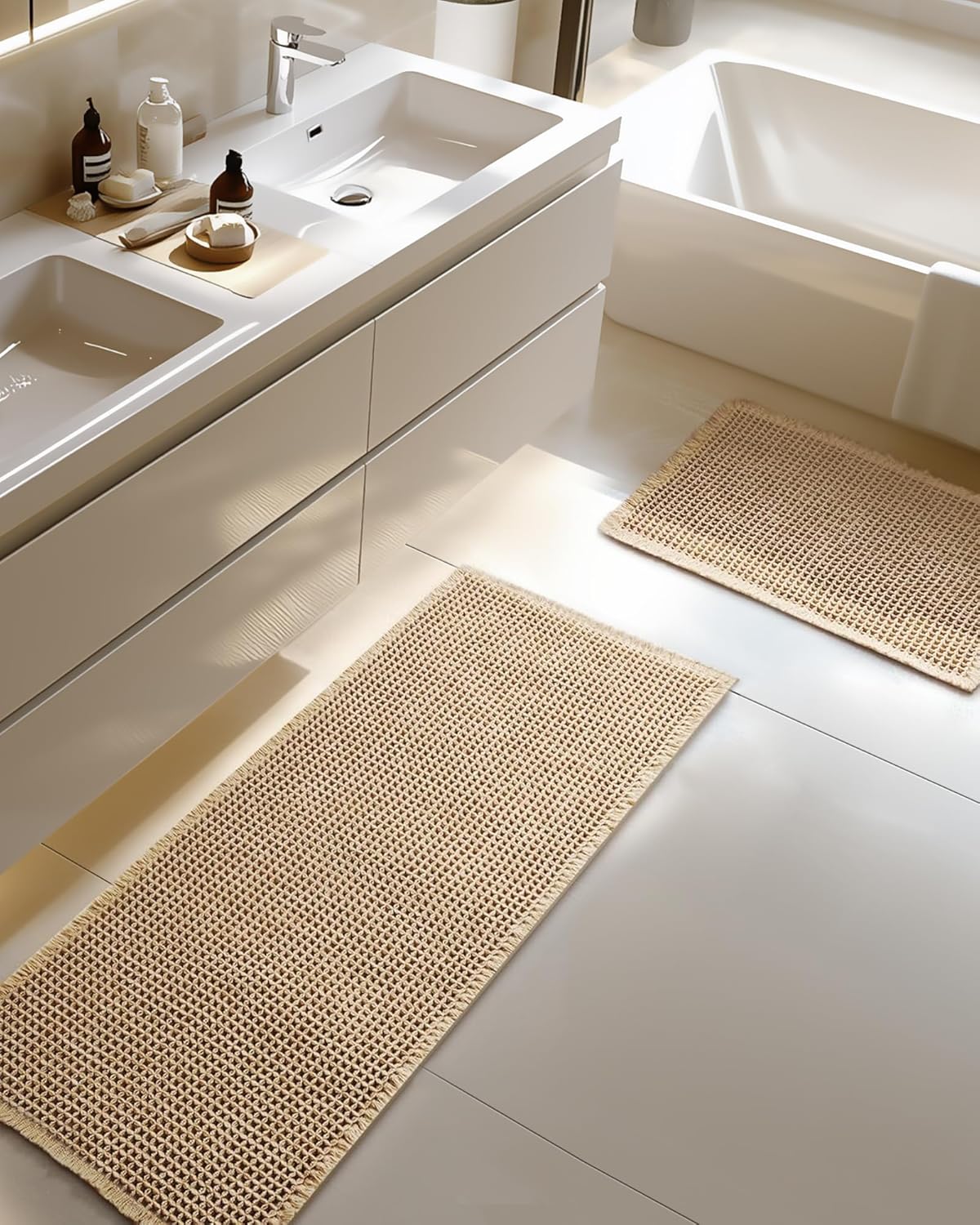 Large Waffle Bath Mat Set, Non Slip Bath Rug Set, Ultra Absorbent Bath Mats for Bathroom Decor, Extra Soft Floor Bathroom Rugs Sets 2 Piece, Washable Bath Runner Rug, Brown, 20"47" & 16"24"