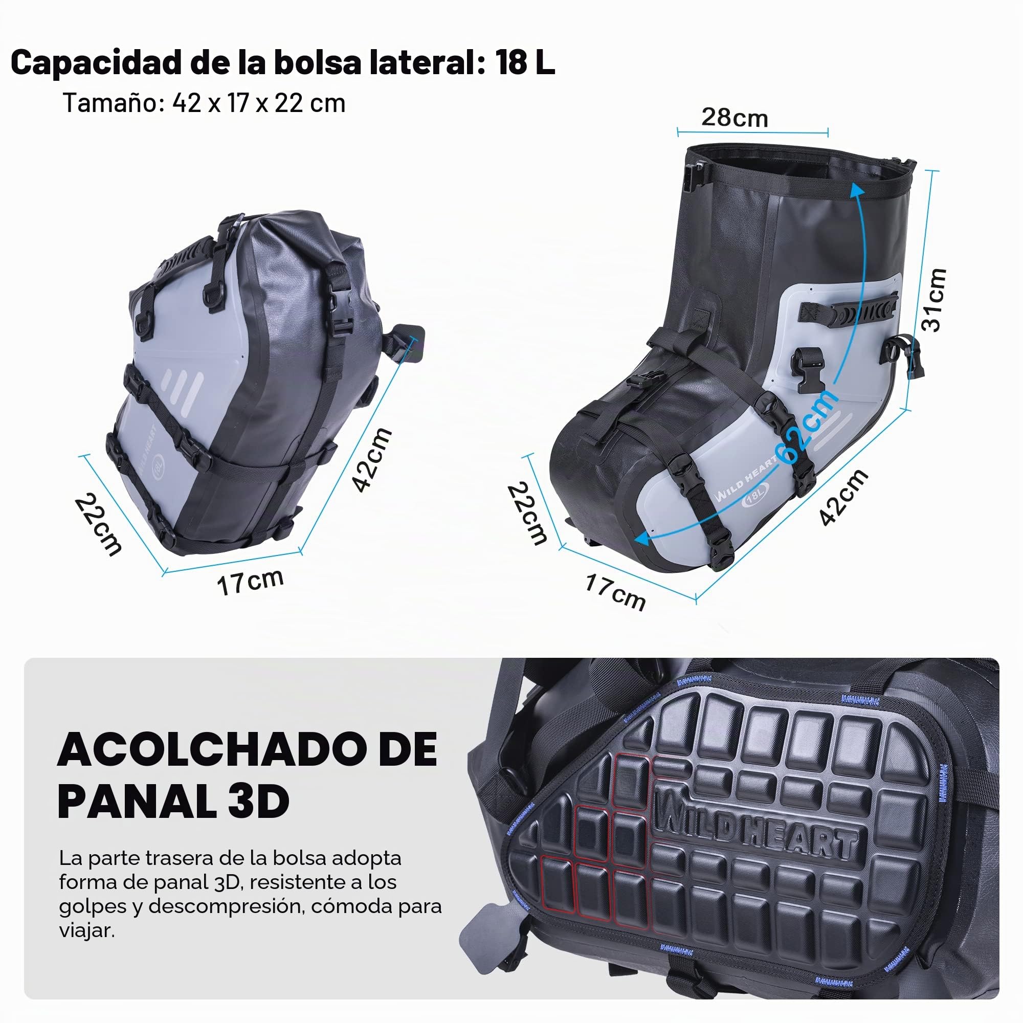 WILD HEART Alforjas para Motocicleta Impermeable 18L Bolsa Sillin Moto Compatible con la Mayoría de los Portaequipajes para Motocicletas, Maletas Laterales para Adventure, Street, Sports (un par)
