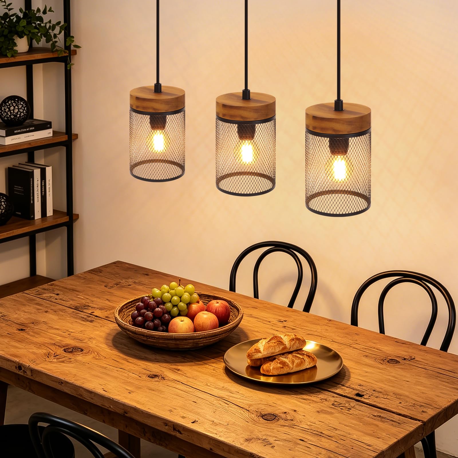 ZMH Lámpara colgante de comedor de madera negra lámpara colgante vintage | de 3 bombillas E14, estilo industrial, lámpara de comedor, lámpara colgante retro para salón - bombillas no incluidas