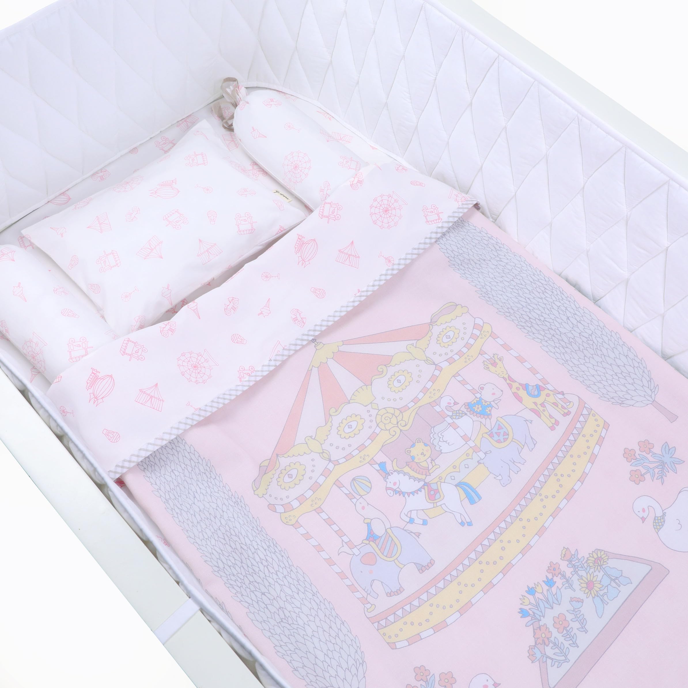 Masilo100% Organic Cotton Crib Set/Includes Blanket-Pillow-Bolster-Fitted Sheet/Complete Cot Bedding Set for Infants/Soft & Comfortable/Baby Gift Set/Newborn Nursery Bundle- Carnival Pink