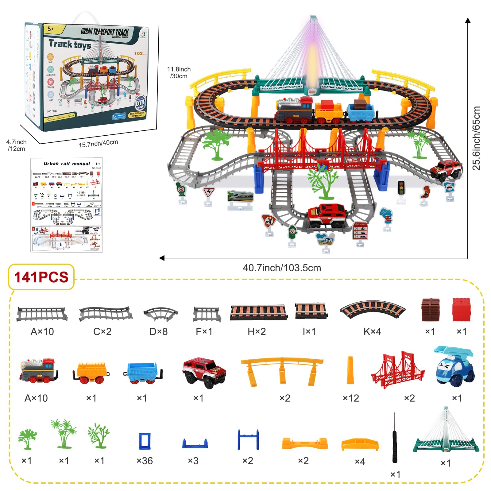 Circuit Voiture,Circuit Train Electrique,141 Pièces Ensemble Train Enfant,Petit Electrique avec Voitur et Voies Ferrées,Sons et Lumières,Jouet de Cadeau Éducatif Garçons
