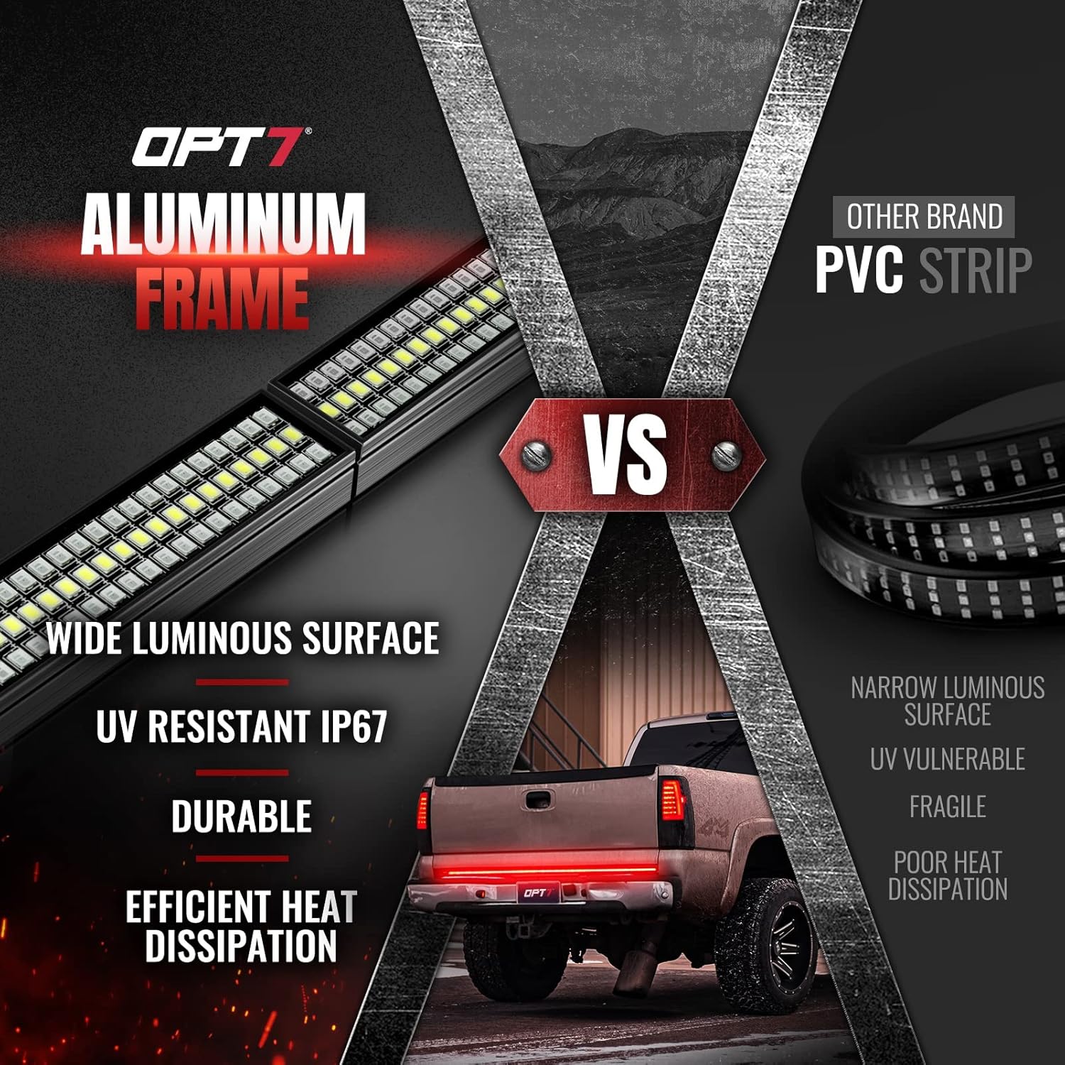 OPT7 Redline Parlux 60" Aluminum Truck Tailgate Light Bar w/Sequential Red Turn - Rigid 2-Section Triple Row LED Strip, Dynamic Taillight w/Ignition Sequence, Triple-Flash White Reverse, Red Running