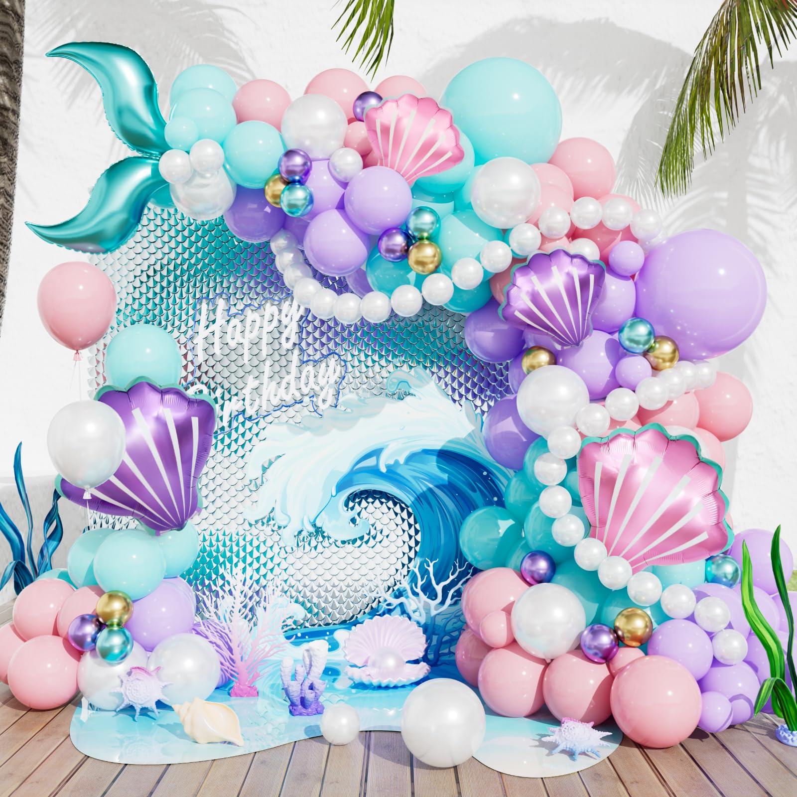 Adeyoo Mermaid Balloon Arch Kit Garland - 157Pcs Mermaid Balloons Arch Kit with Pastel Pink Purple Teal Blue White Latex Balloons, Tail Seashell Foil balloon for Birthday Ocean Theme Party Decorations