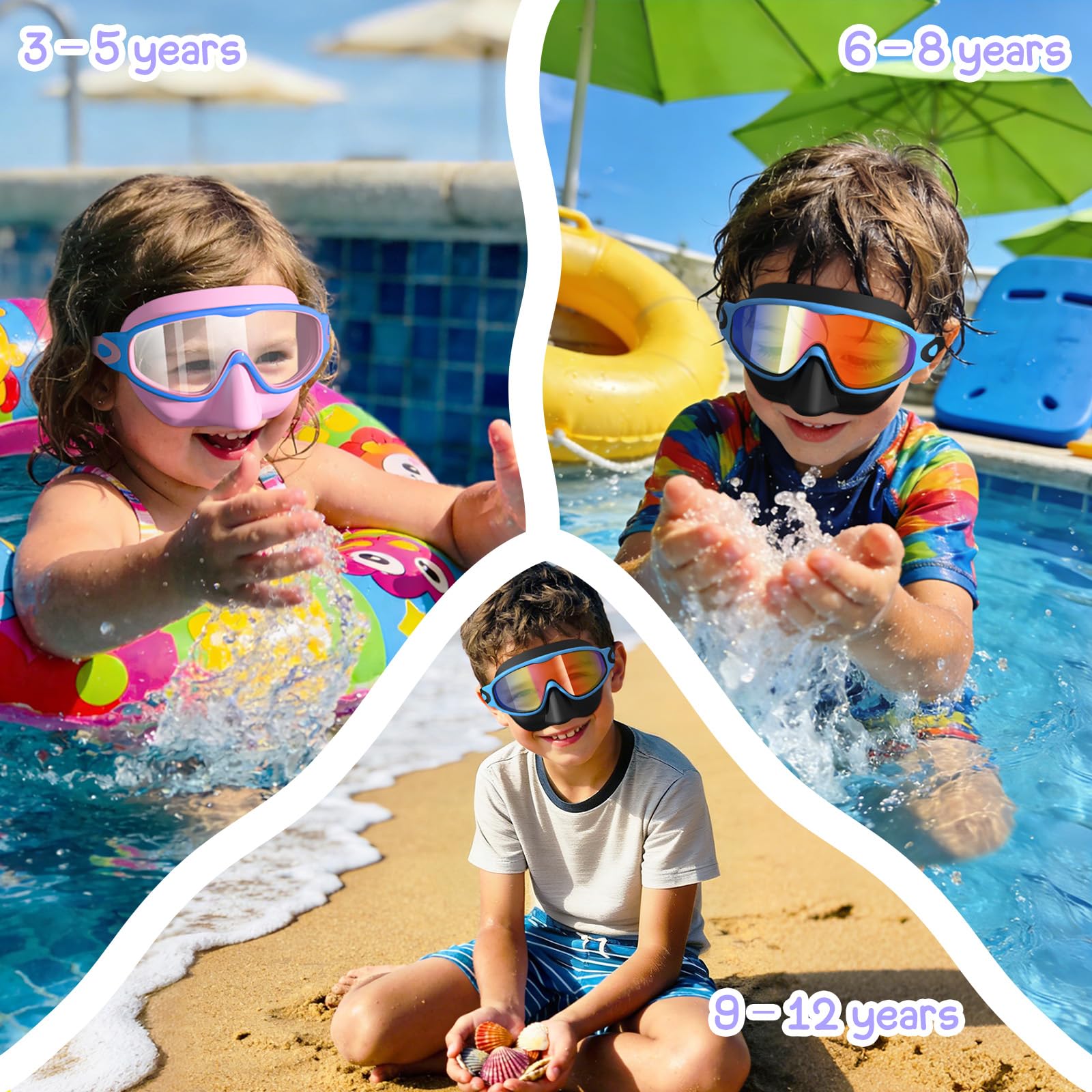 Confezione da 2 occhialini da nuoto per bambini con copertura per il naso, anti-appannamento, protezione UV, occhialini da nuoto per bambini dai 3 ai 15 anni, ampia vista