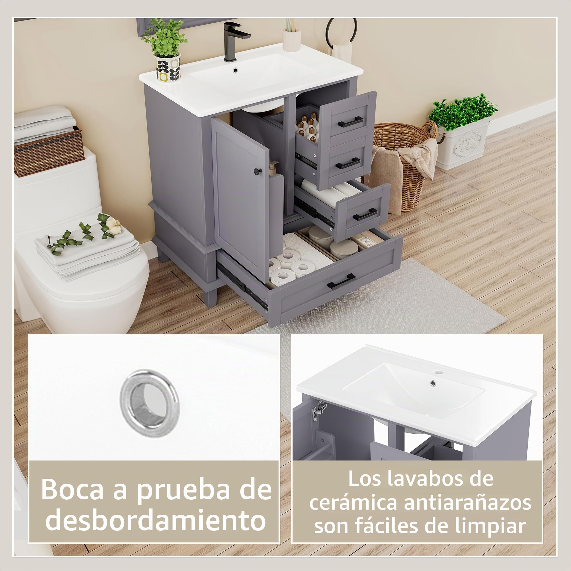 76 x 46 x 83,5 cm. Mueble de baño de pie con lavabo, lacado completamente, estantería para puerta, tres cajones silenciosos, lavabo de cerámica integrado, gris