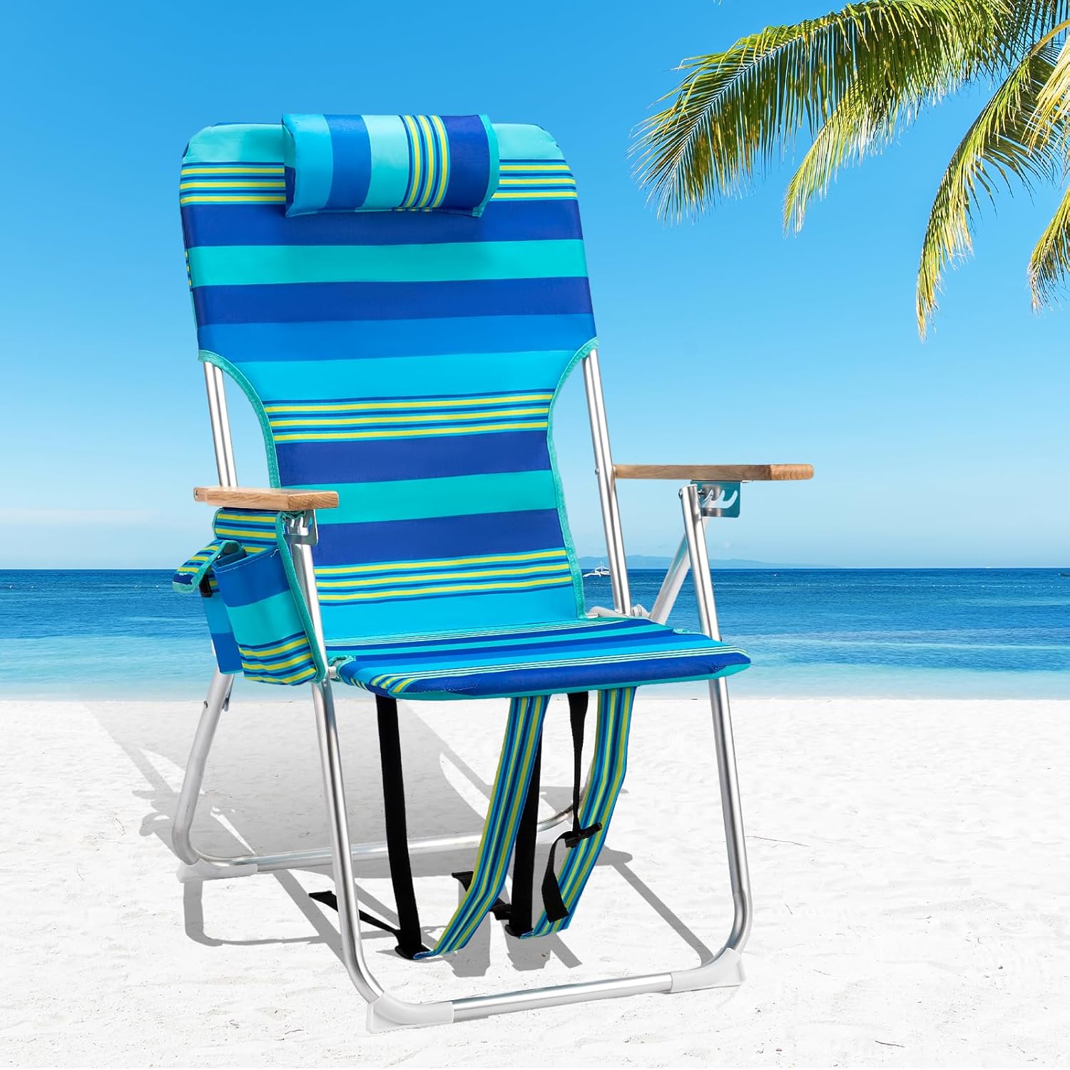 VINGLI 17" Tall Beach Chairs for Adults,Aluminum 4-Position Backpack Beach Chair with Wooden Armrests,Folding Lawn Chair for Outdoor, Camping, Patio