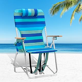 VINGLI 17" Tall Beach Chairs for Adults,Aluminum 4-Position Backpack Beach Chair with Wooden Armrests,Folding Lawn Chair for Outdoor, Camping, Patio