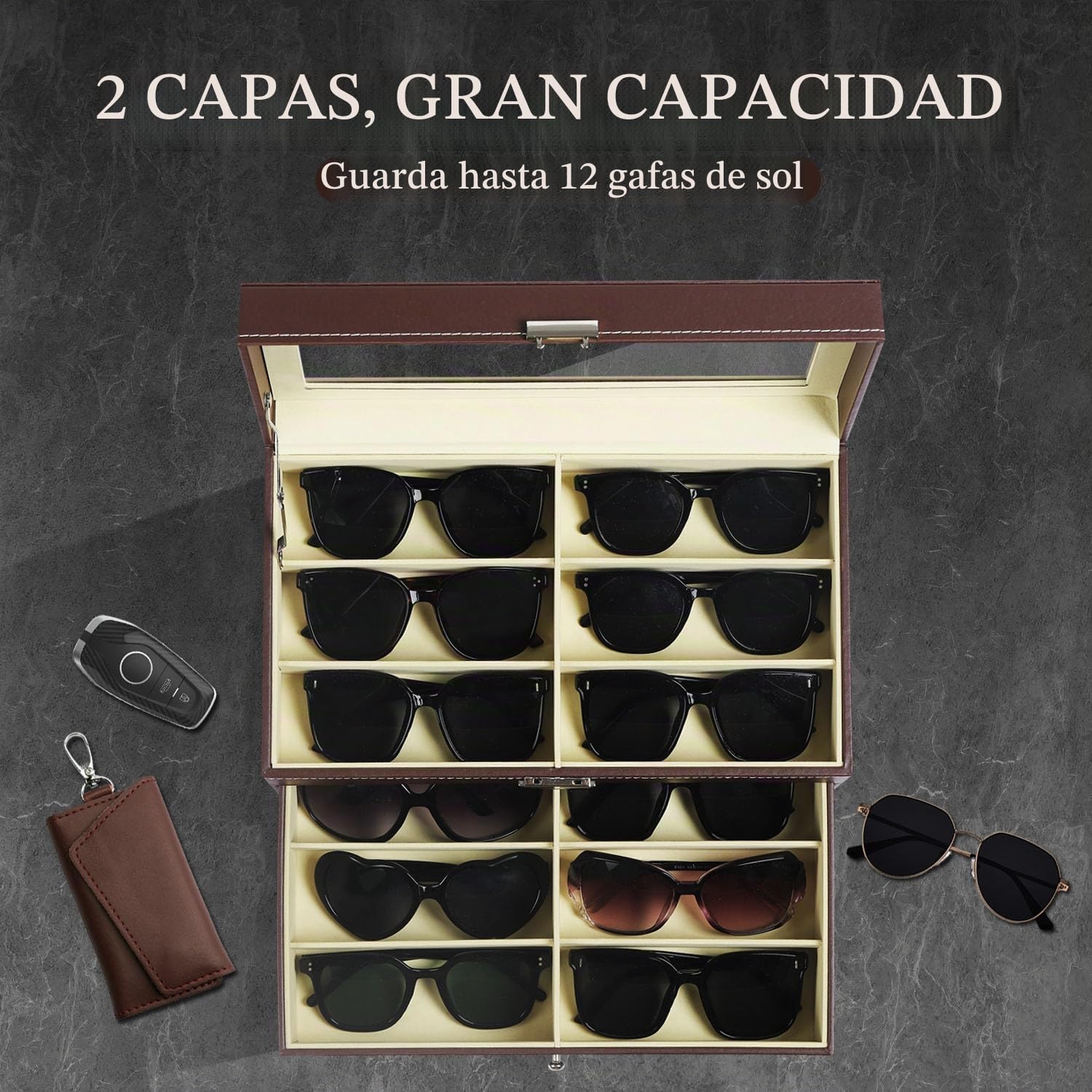 AUTOARK Organizador de 12 piezas para gafas de sol y Cajón con cerradura,Cuero sintético,Tapa de Vidrio,Marrón,AW-129