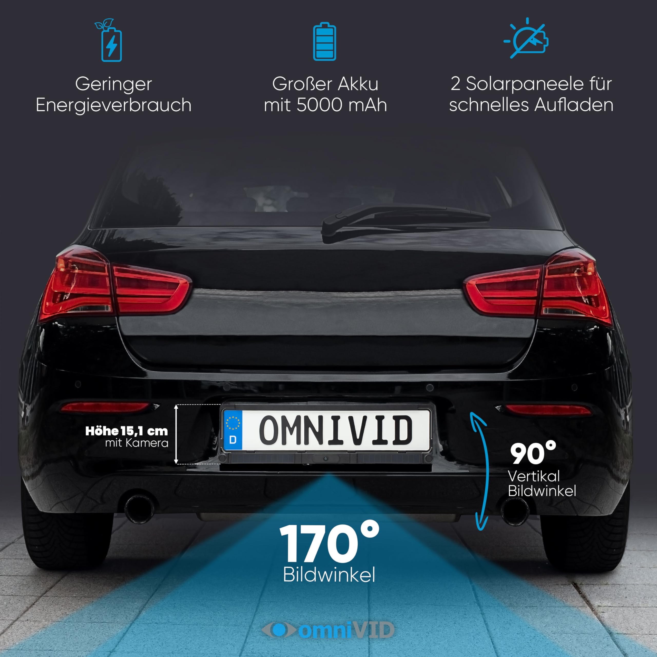 omniVID® Solar6 Premium Solar 5 Zoll Rückfahrkamera-System mit Parksensoren, Kabellos mit 5 Zoll Monitor u. solarbetriebender Kamera zum Nachrüsten mit PDC, Montage ohne Bohren, IP67 wasserdicht | Kabellos mit solarbetriebener Kamera und PDC, ohne Bohren