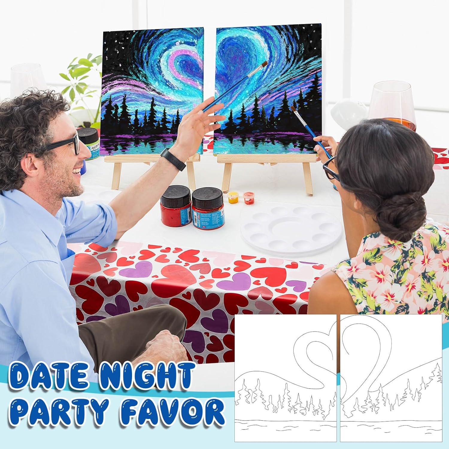 Yeaqee 13 Pcs Sip and Paint Kit for Adults Stretch Canvas Date Night Valentines Painting Kit Supplies Art Painting Set Outline Design Blank Stretch Canvas for Couple Party(Heart,10 x 8 Inch)