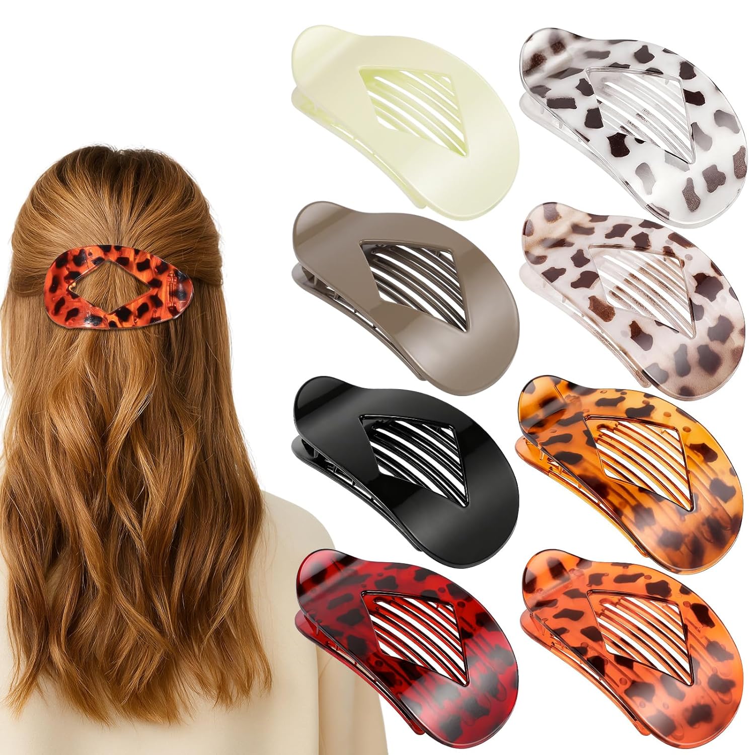 Obeoby 8 Pcs Flat Claw Clips for Women, Strong Hold French Flat Hair Clips for Thick Thin Hair Barrettes Accessories Round Large Medium (Tortoiseshell)