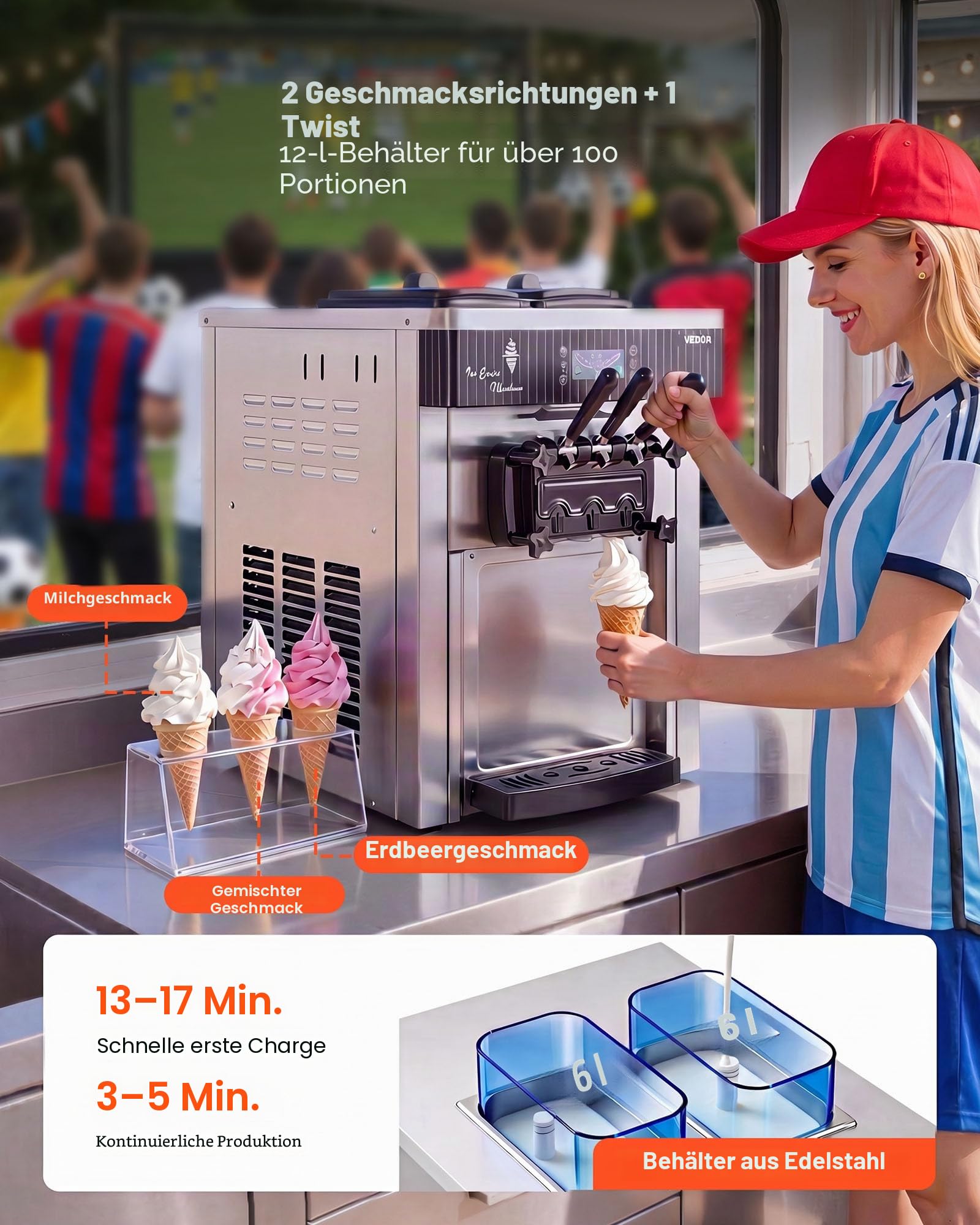 VEVOR Gewerbliche Eismaschine 20-28 L/h Leistung, Softeismaschine 2200 W lmit 2 x Behältern (6 L), Vorkühlung, Selbstreinigung und LED-Display, Tischgerät für Snackbars, Dessertläden und Cafés, Silber