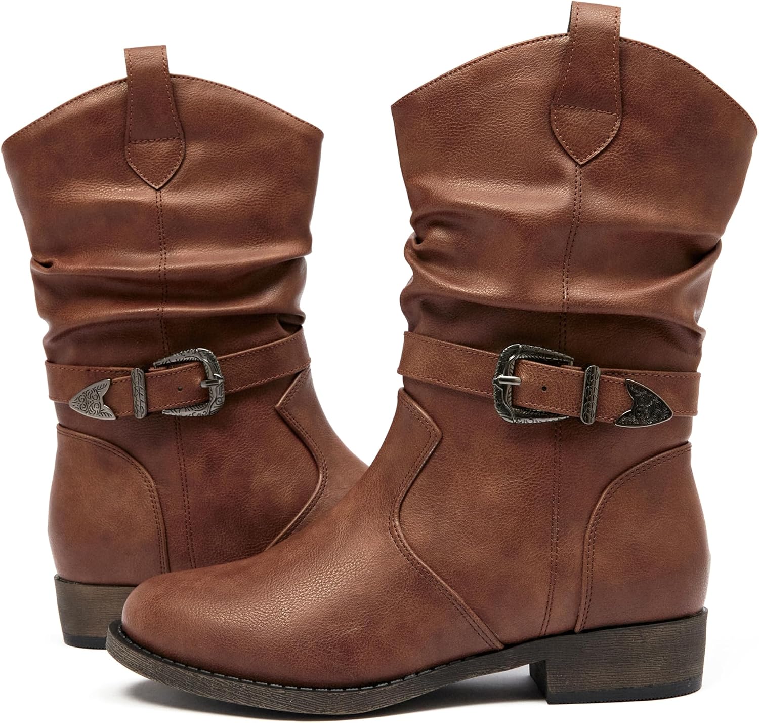 Veittes Women's Mid-Calf Cowboy Cowgirl Boots with Low Chunky Heel, Side Zipper, Motorcycle Style, Classic Round Toe,Fashion Western (Black/Dark Brown/Grey) Boots