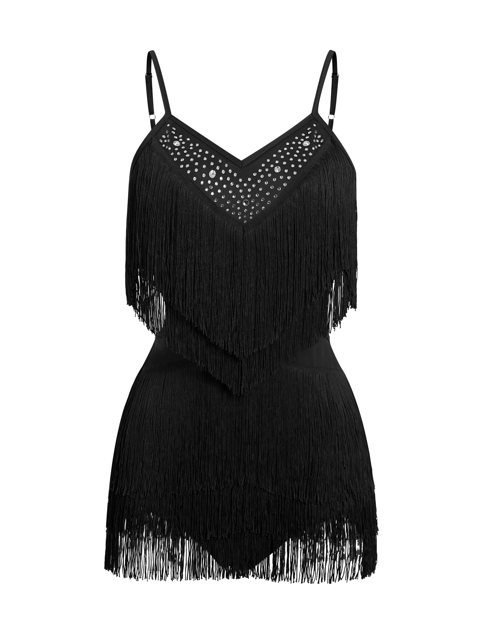 ODIZLI Damen-Tanzkleid mit Fransen, Strass, Turnanzug, verstellbare Spaghettiträger, V-Ausschnitt, Raffhalter, Salsa, Ballsaal, Tanz