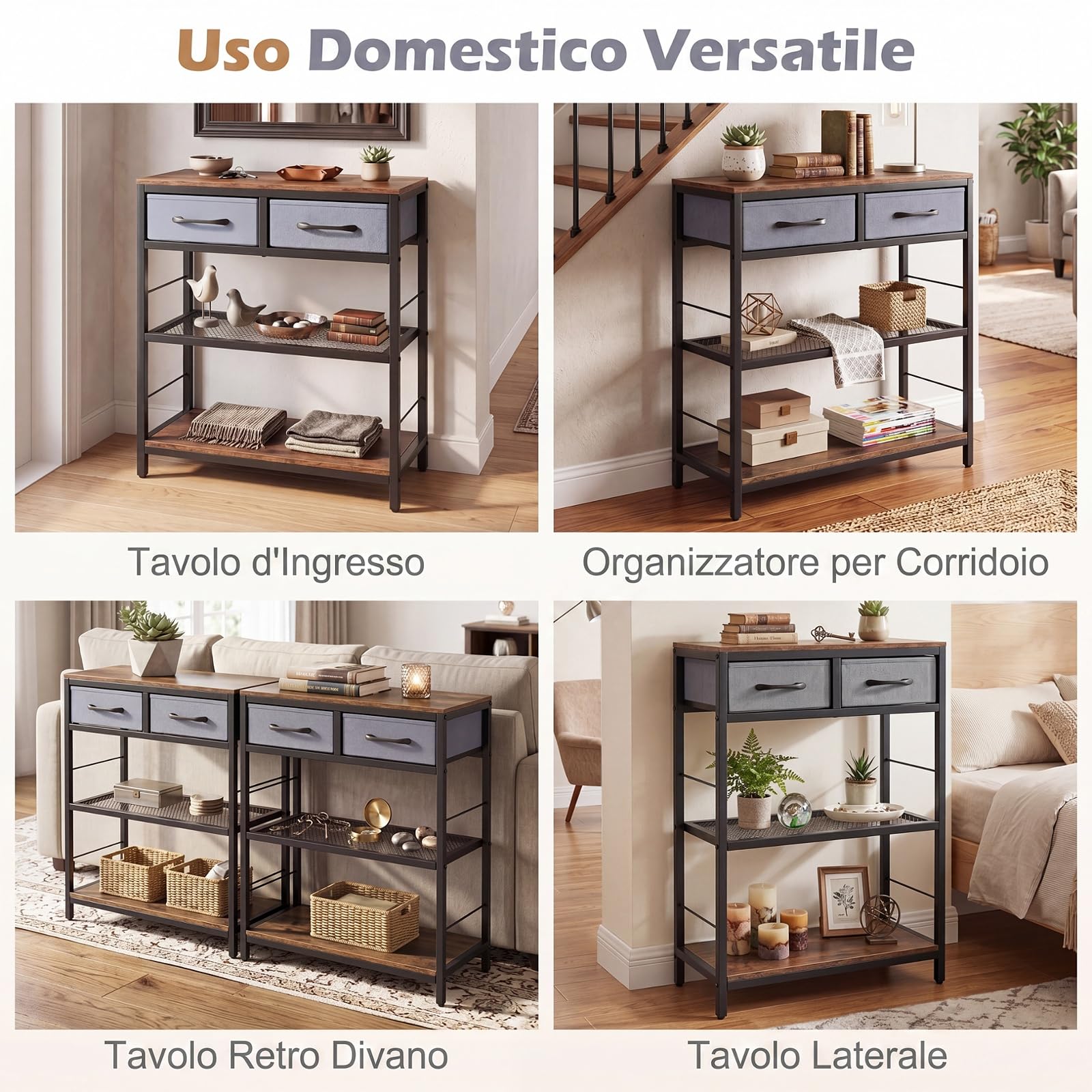 COSTWAY Tavolino Salotto Stretto, Tavolo Consolle da Ingresso con 2 Cassetti in Tessuto e 2 Ripiani Aperti, Comodino Moderno in Legno per Soggiorno, Corridoio e Camera da Letto, 60x30x81 cm (Marrone)