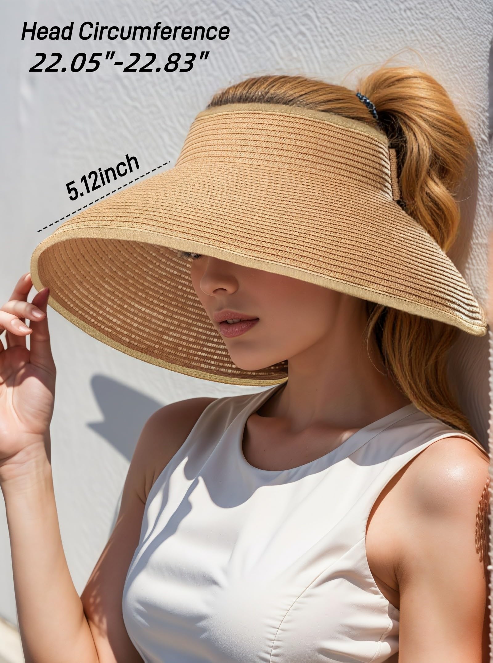 Sombreros de paja con visera solar para mujer, plegable, de ala ancha, flexible, para cola de caballo, playa, protección UV, esenciales para vacaciones, Caqui, Talla única 3