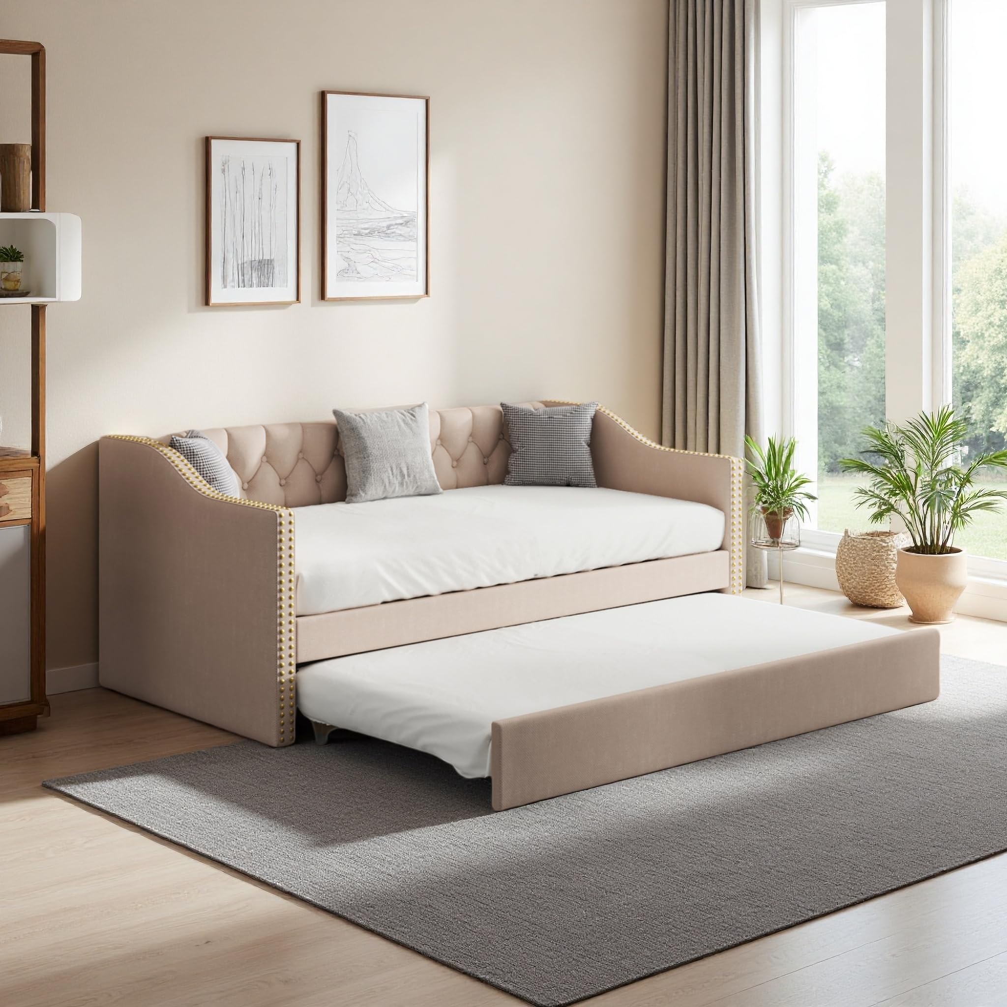 PerGar Sofá cama tapizada y extensible 90/180 x 200 cm, cama juvenil con somieres, multifunción para invitados, estructura de lino beige