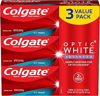 Colgate Optic White Advanced Teeth Whitening Toothpaste, 2% Hydrogen Peroxide Toothpaste, Icy Fresh, 3.2 Oz, 3 Pack