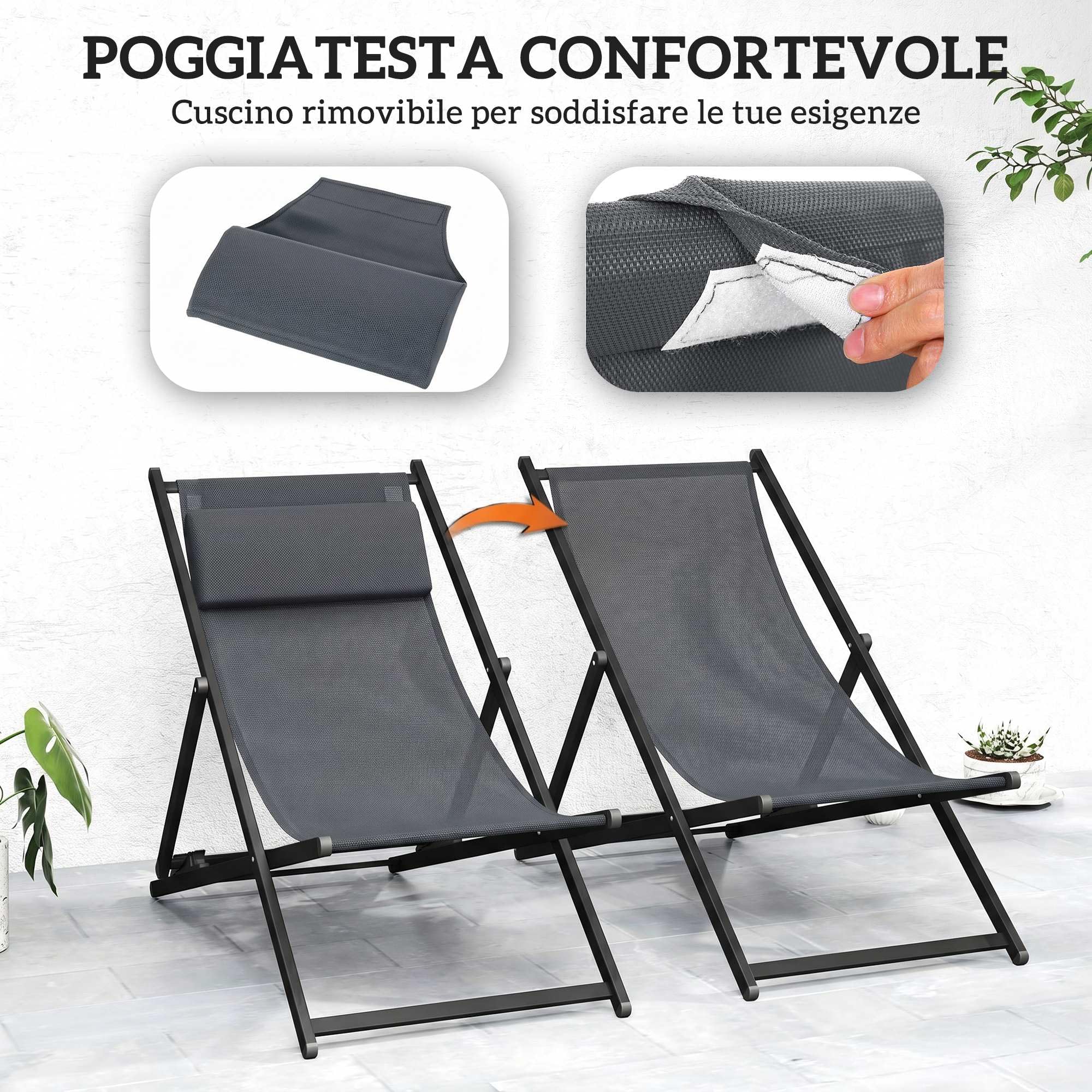Outsunny Set 2 Sedie Poltrona Sdraio da Esterni, Pieghevoli e Reclinabili, in Alluminio, 100x60x85 cm, Grigio Scuro