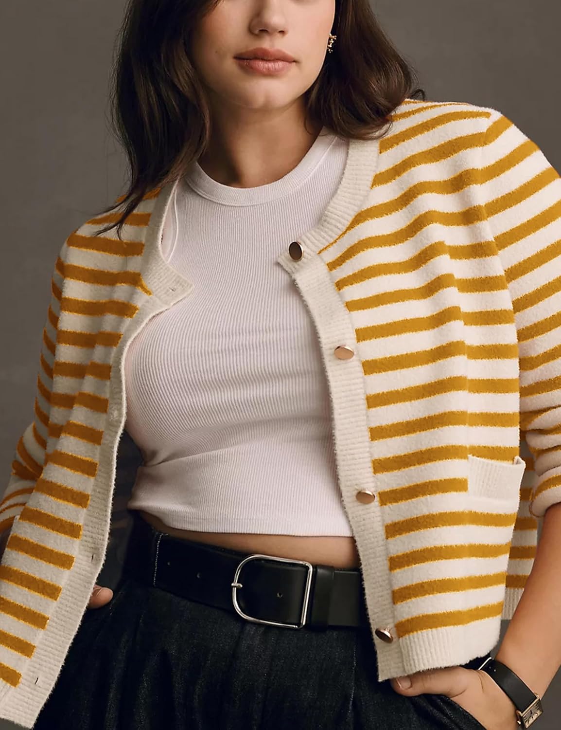 Lentta Womens Striped Knit Cardigan Sweater Crew Neck Long Sleeve Button Front Outerwear - Image 5