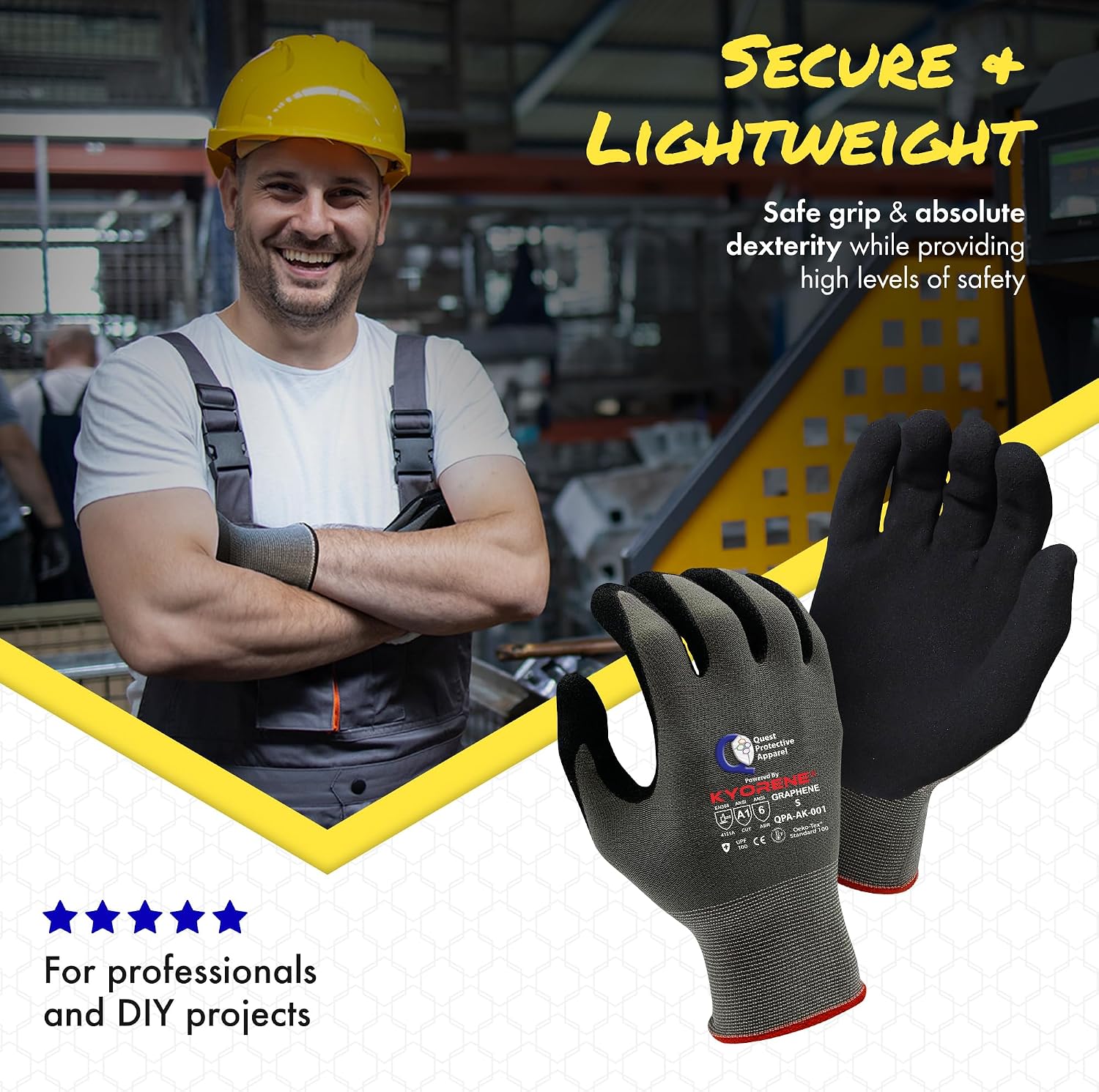 Quest Protective Apparel Cut Resistant Work Gloves (ANSI A1) – Lightweight Graphene Gloves for Gardening,DIY, Mechanical & General Handling – Breathable Grip Gloves for Men & Women – Small, Case of 72