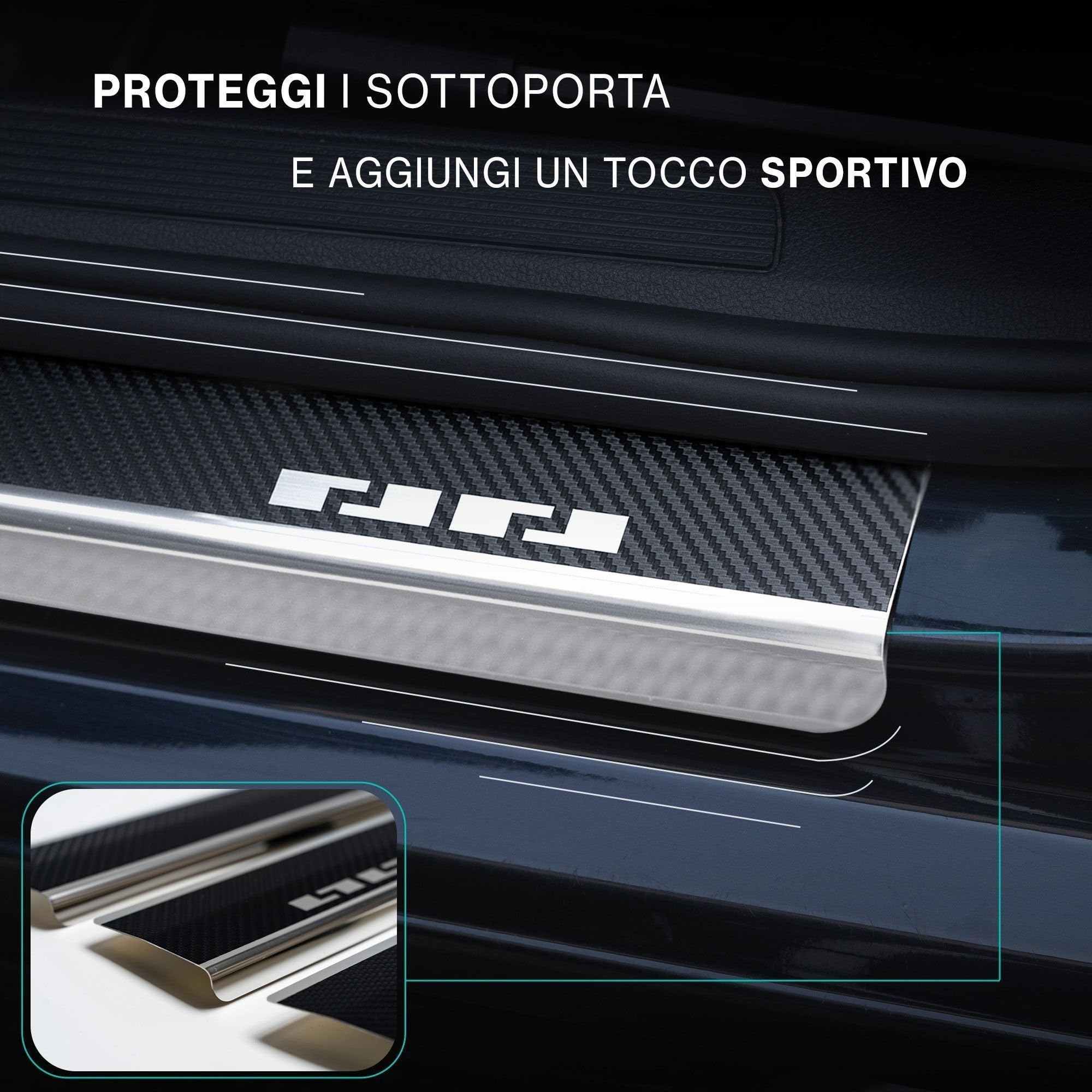 CHROMEMASTER | Battitacco in Acciaio Inox Compatibile con Jaecoo Jaecoo 7 I 2023+ | Inox, Pellicola Vinilica Effetto Carbonio | Protezione Soglia Porta - Accessorio Auto Adesivo - Set da 4 pz pezzi